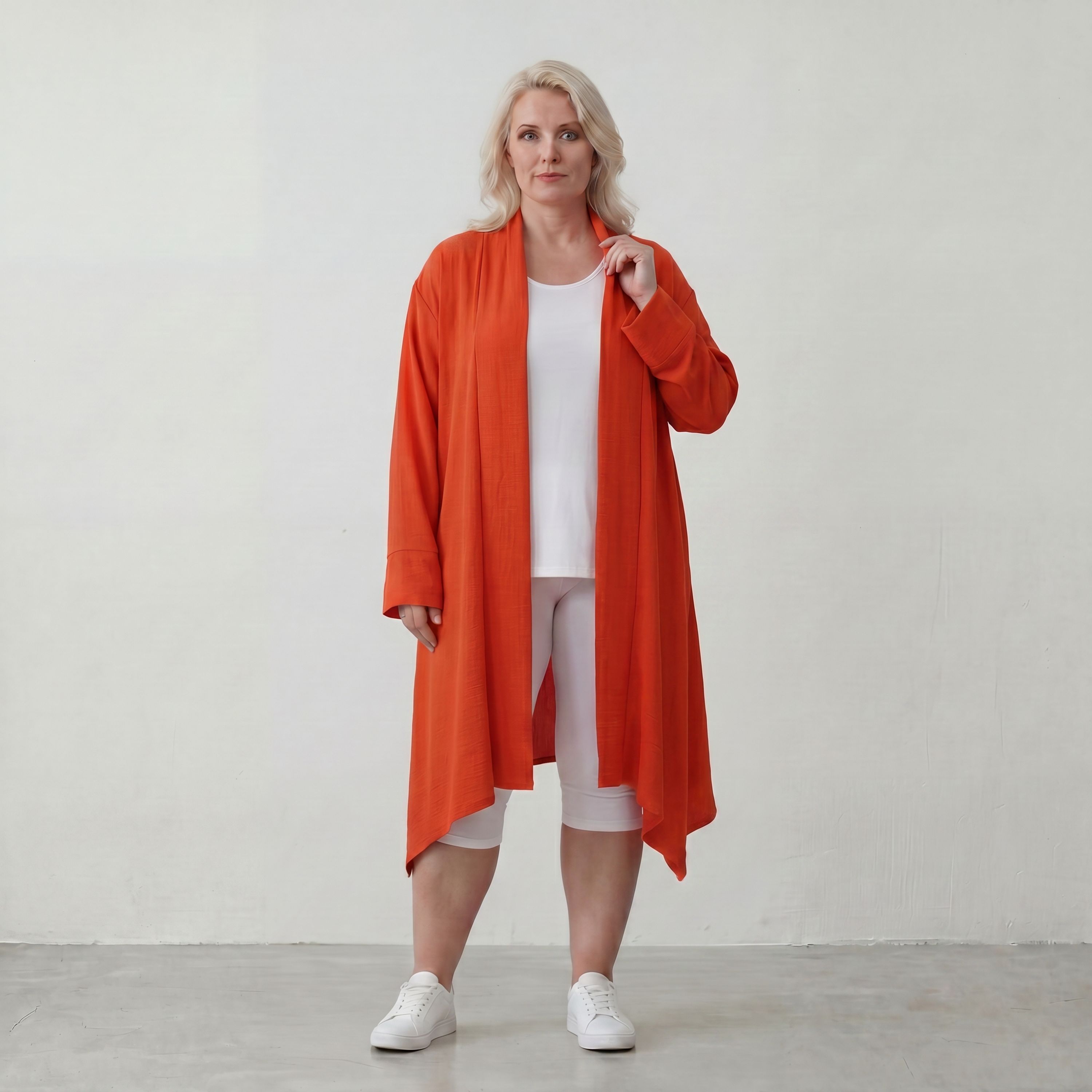 Leichter Oversize Cardigan in Hellrot fliessend mit Leinenoptik Lagenlook luftig zeitlos