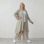 Zeitloser Beige Cardigan Lagenlook Oversize leger ausgefallen mit Leinenoptik Schalkragen