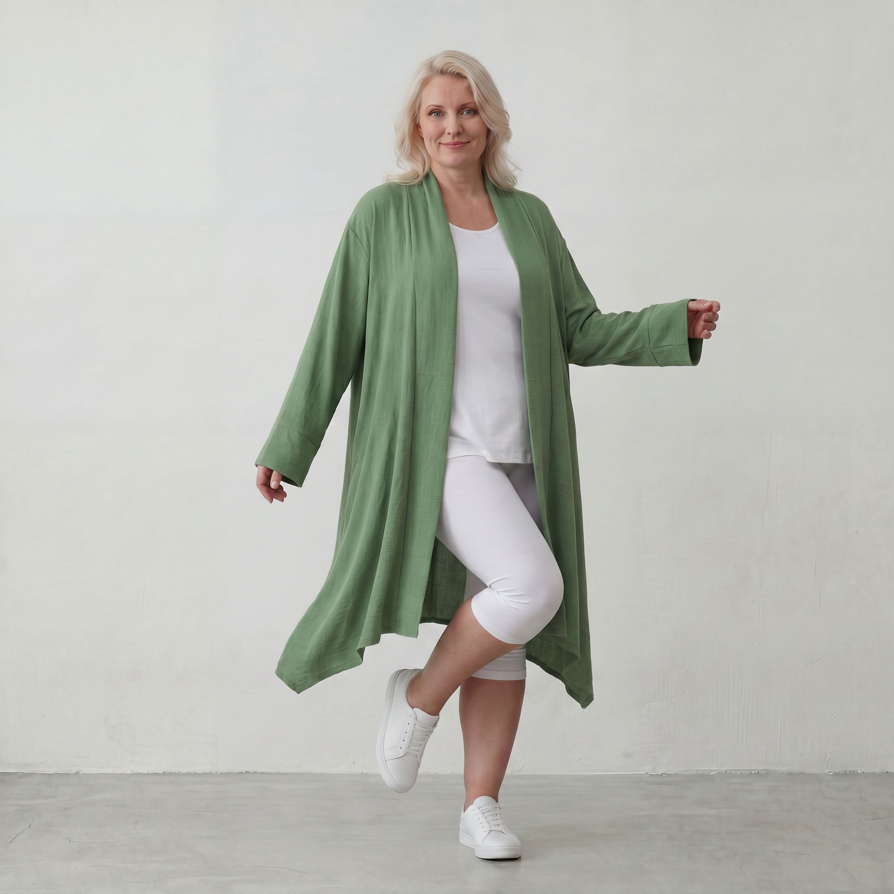 Fliessender Khaki Cardigan im Lagenlook leger Oversize mit angenehmem Leinenfeeling chic