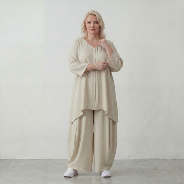 Beige Leinenlook Shirt im legeren Lagenlook Oversize A Linie zeitlos elegant fliessend
