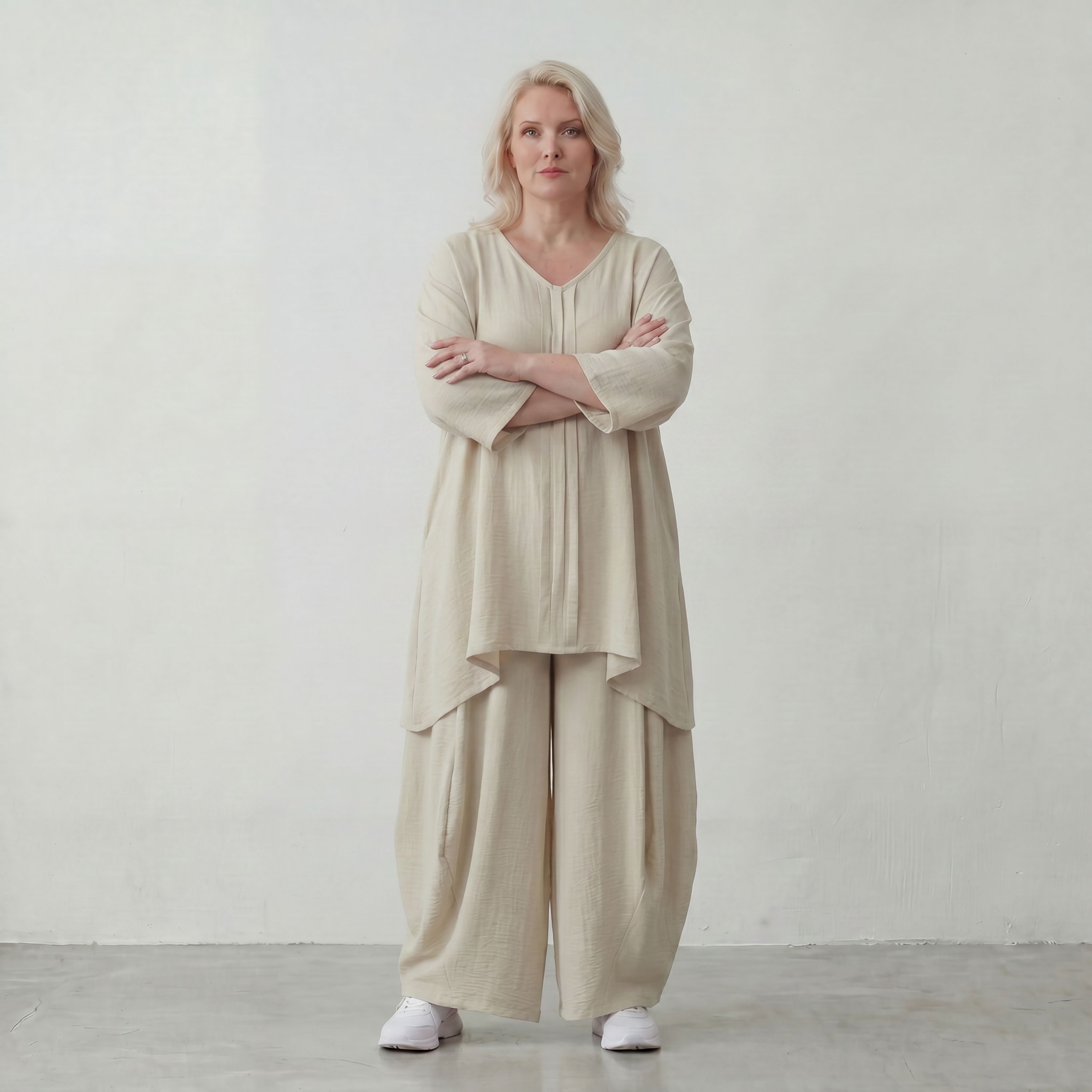 Beige Leinenlook Shirt im legeren Lagenlook Oversize A Linie zeitlos elegant fliessend