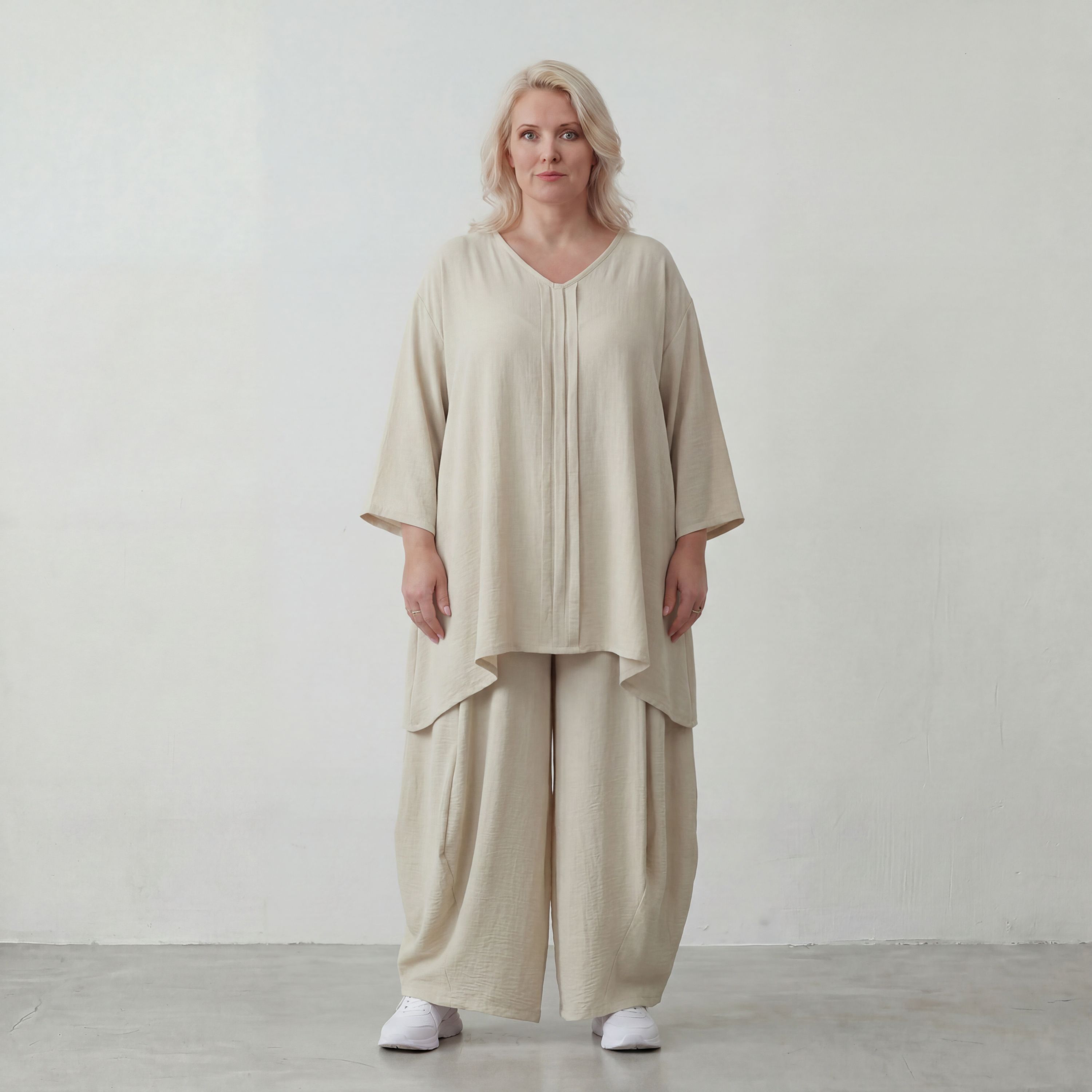 Beige Leinenlook Shirt im legeren Lagenlook Oversize A Linie zeitlos elegant fliessend