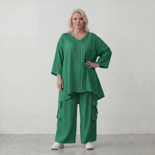 Legeres Oversize Shirt in Smaragdgrün mit Leinenlook A Linie und V Ausschnitt zeitlos 89