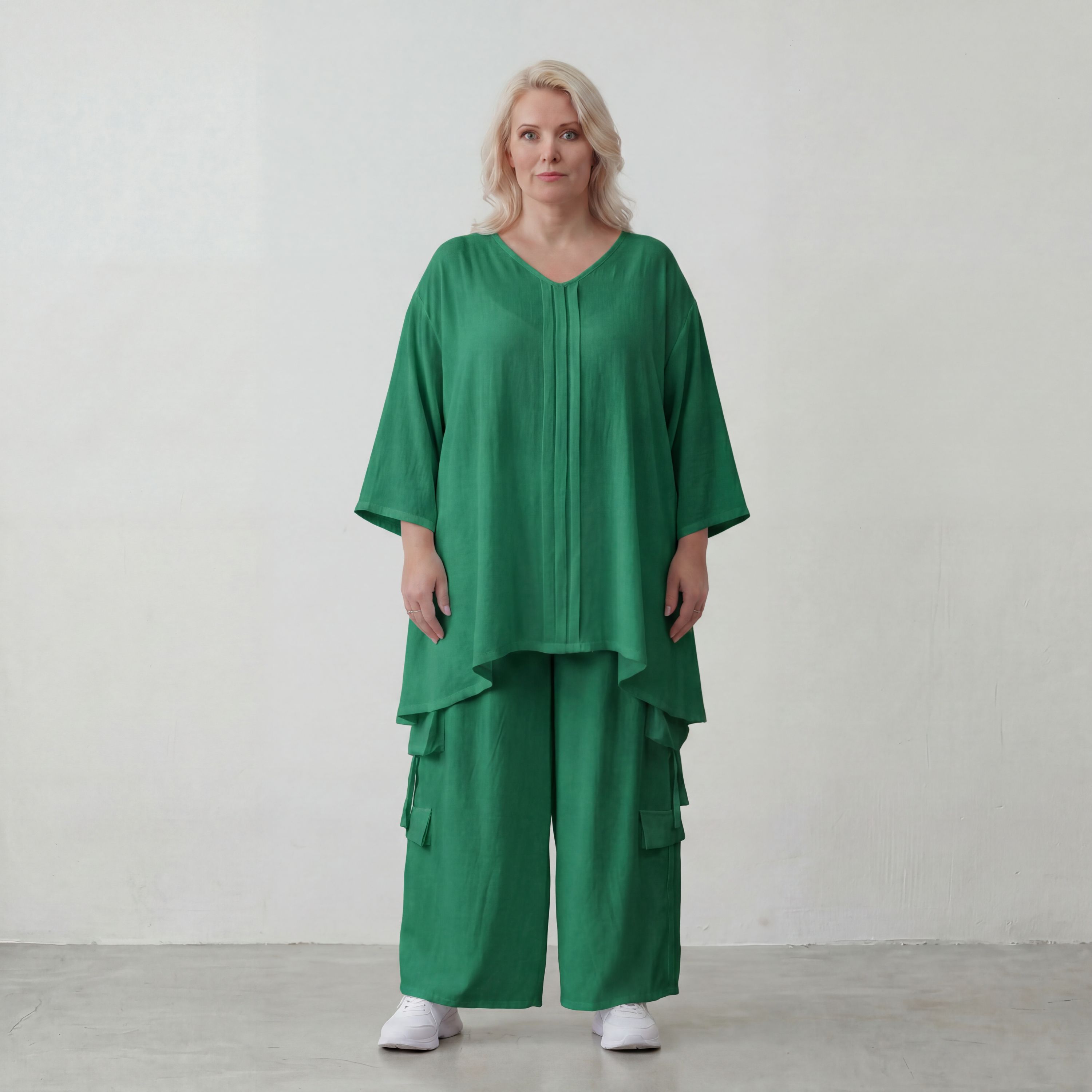 Legeres Oversize Shirt in Smaragdgrün mit Leinenlook A Linie und V Ausschnitt zeitlos 89