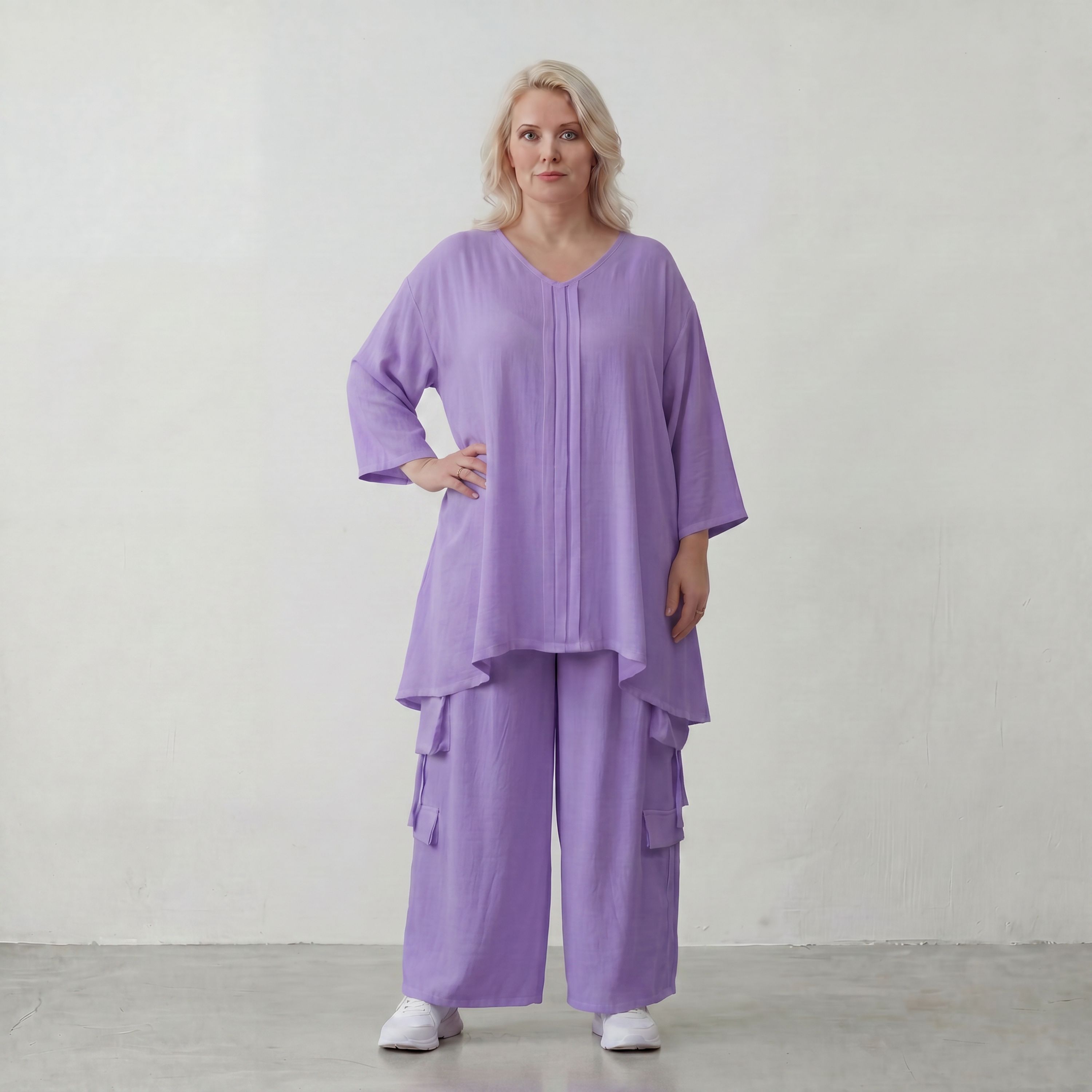 Flieder Leinenlook Shirt im Lagenlook Oversize leger mit V Ausschnitt und Biesen zeitlos