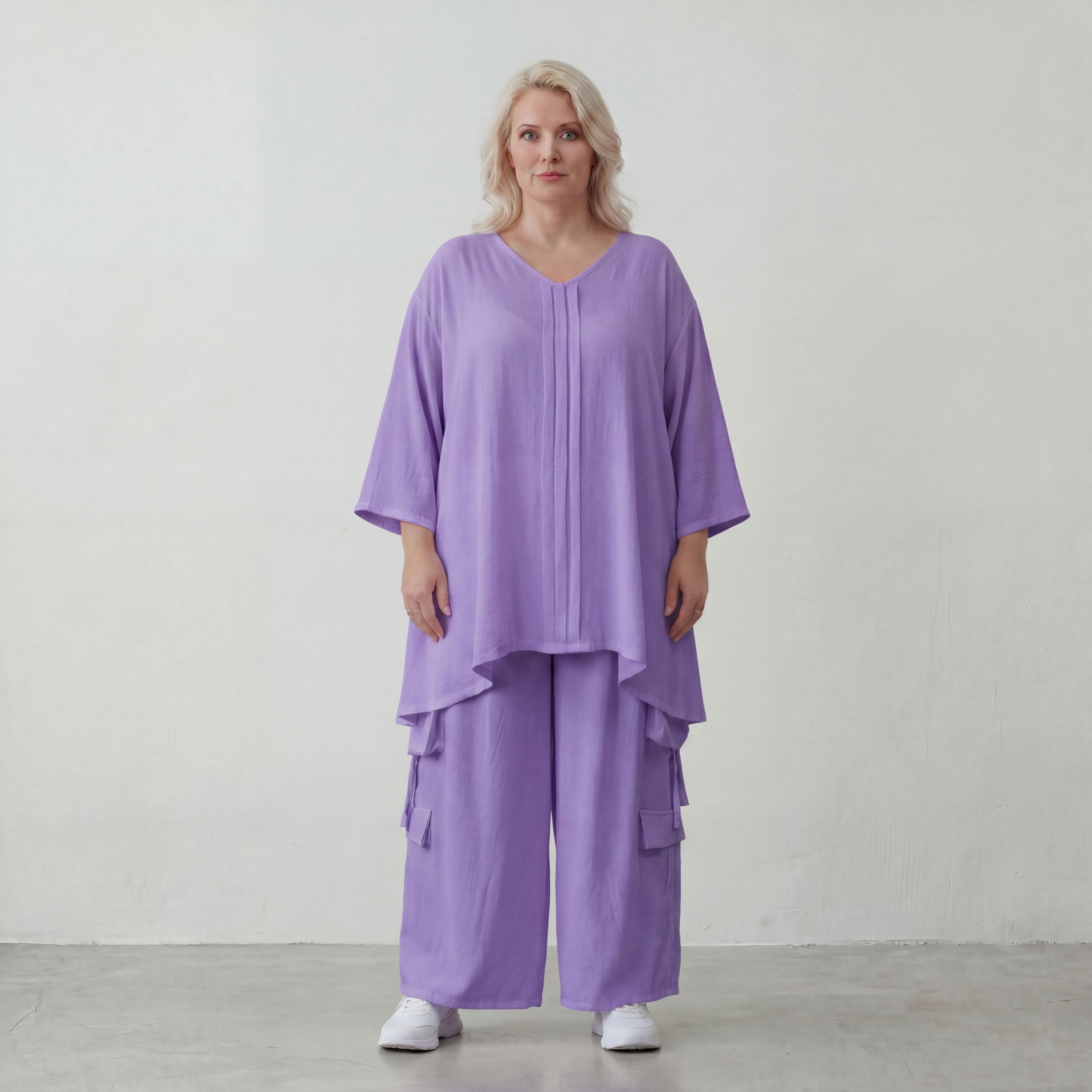 Flieder Leinenlook Shirt im Lagenlook Oversize leger mit V Ausschnitt und Biesen zeitlos