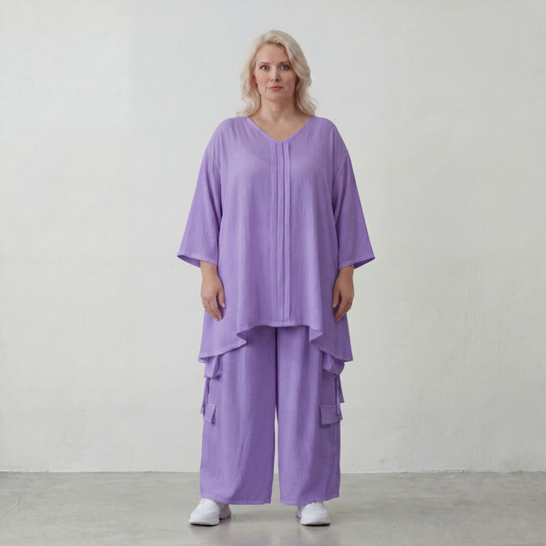 Flieder Leinenlook Shirt im Lagenlook Oversize leger mit V Ausschnitt und Biesen zeitlos