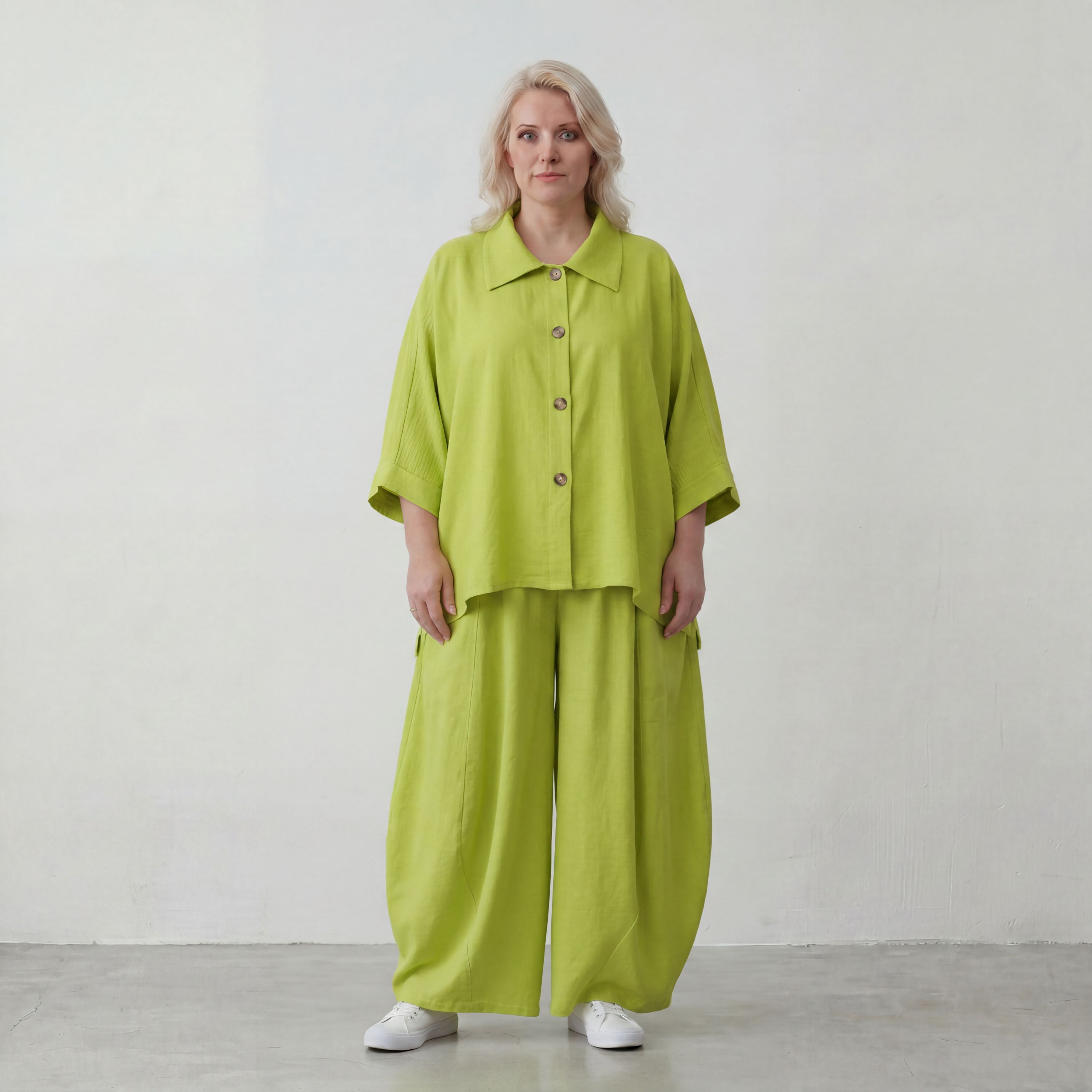 Apfelgrün Oversize Bluse im Lagenlook leger ausgefallen mit Leinen Baumwolle Gefühl cool