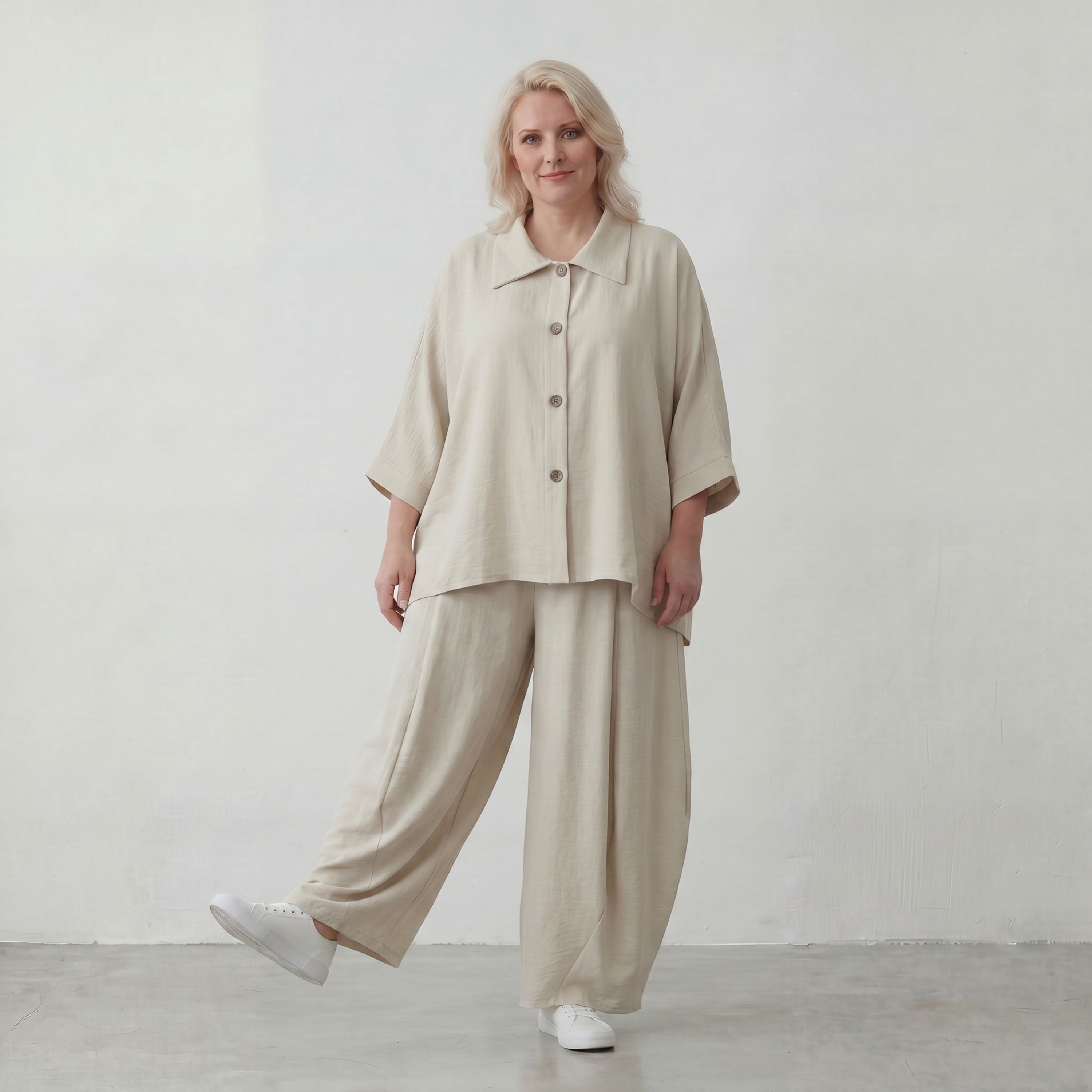 Legere Beige Bluse in Leinenoptik mit Crashlook Oversize Lagenlook zeitlos modern luftig