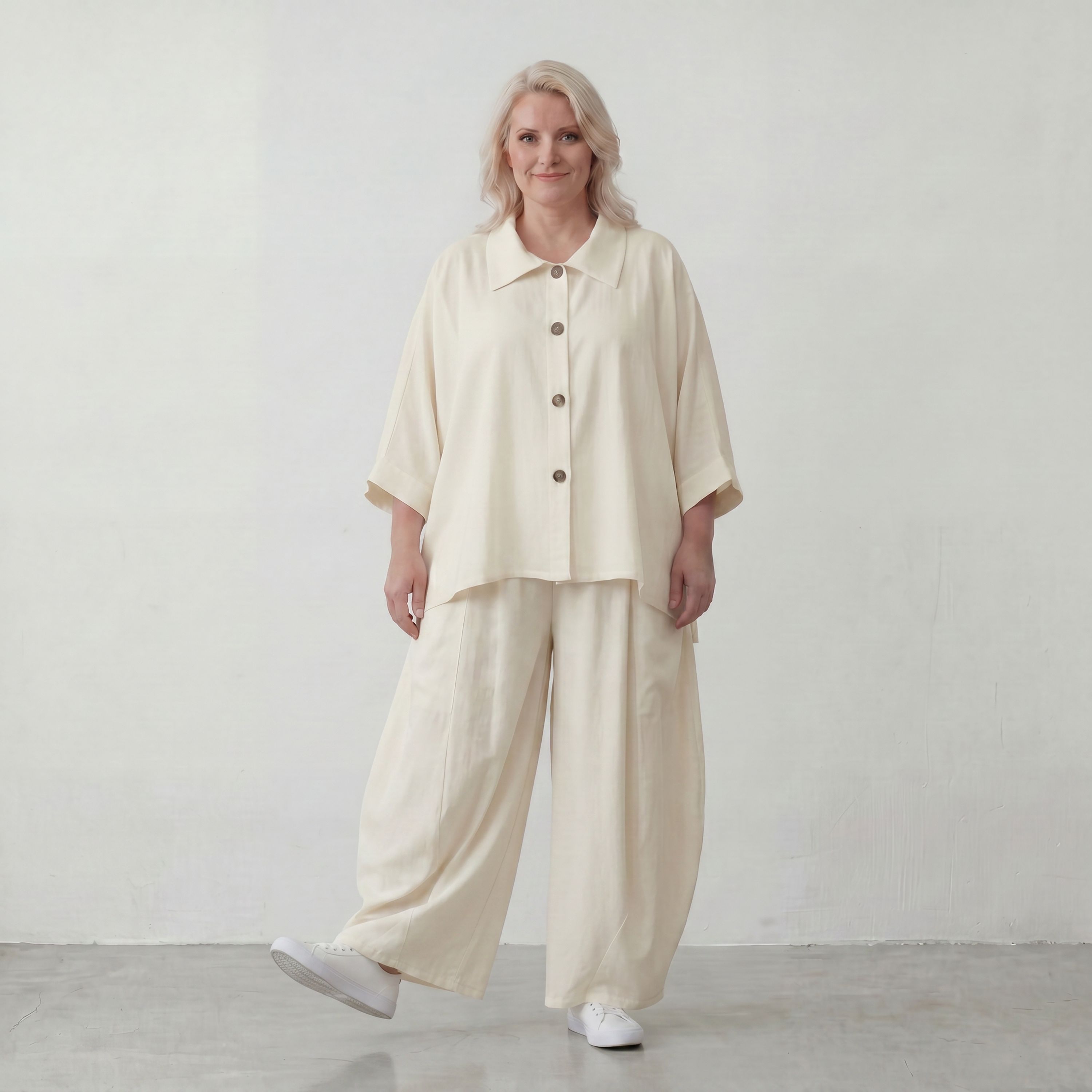 Creme fliessend Leinenoptik Bluse im Lagenlook leger Oversize zeitlos Crasheffekt weich