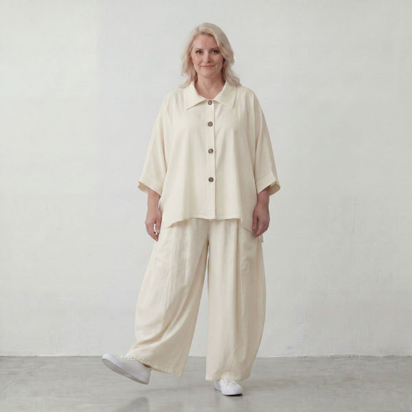 Creme fliessend Leinenoptik Bluse im Lagenlook leger Oversize zeitlos Crasheffekt weich