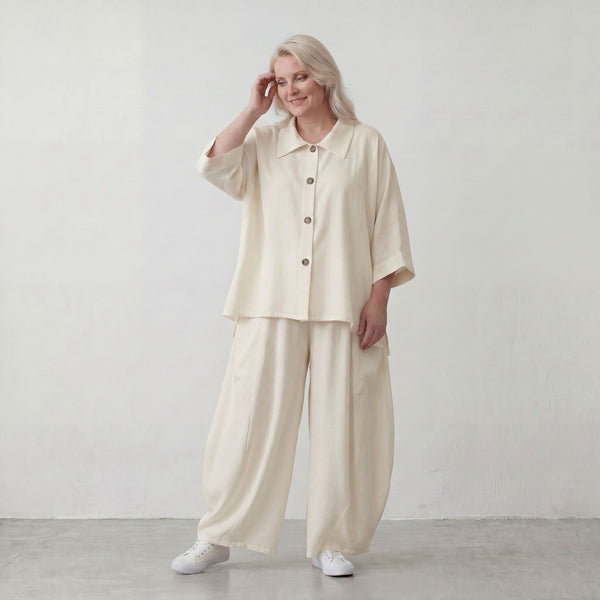 Creme fliessend Leinenoptik Bluse im Lagenlook leger Oversize zeitlos Crasheffekt weich