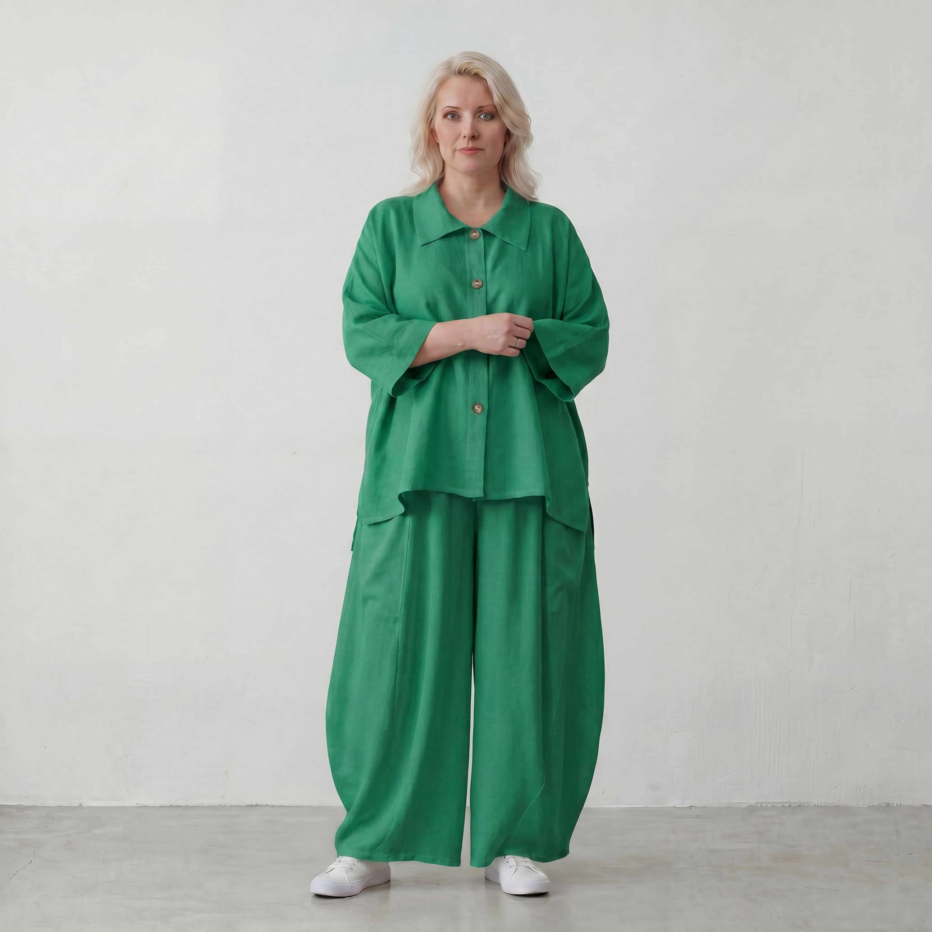 Smaragdgrün Ballonhose leger Oversize Lagenlook mit weitem Bein und leichter Leinenoptik