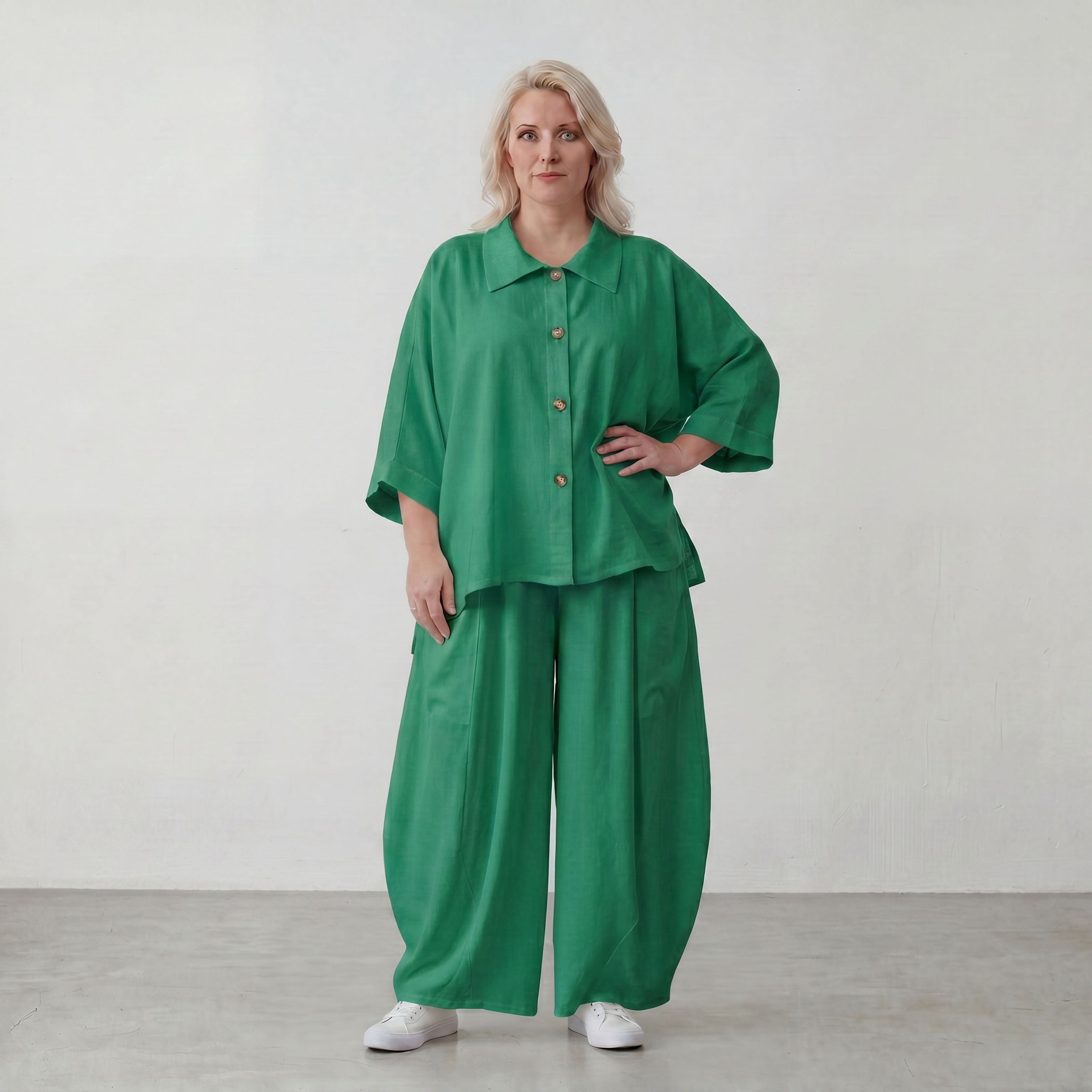 Smaragdgrün Ballonhose leger Oversize Lagenlook mit weitem Bein und leichter Leinenoptik