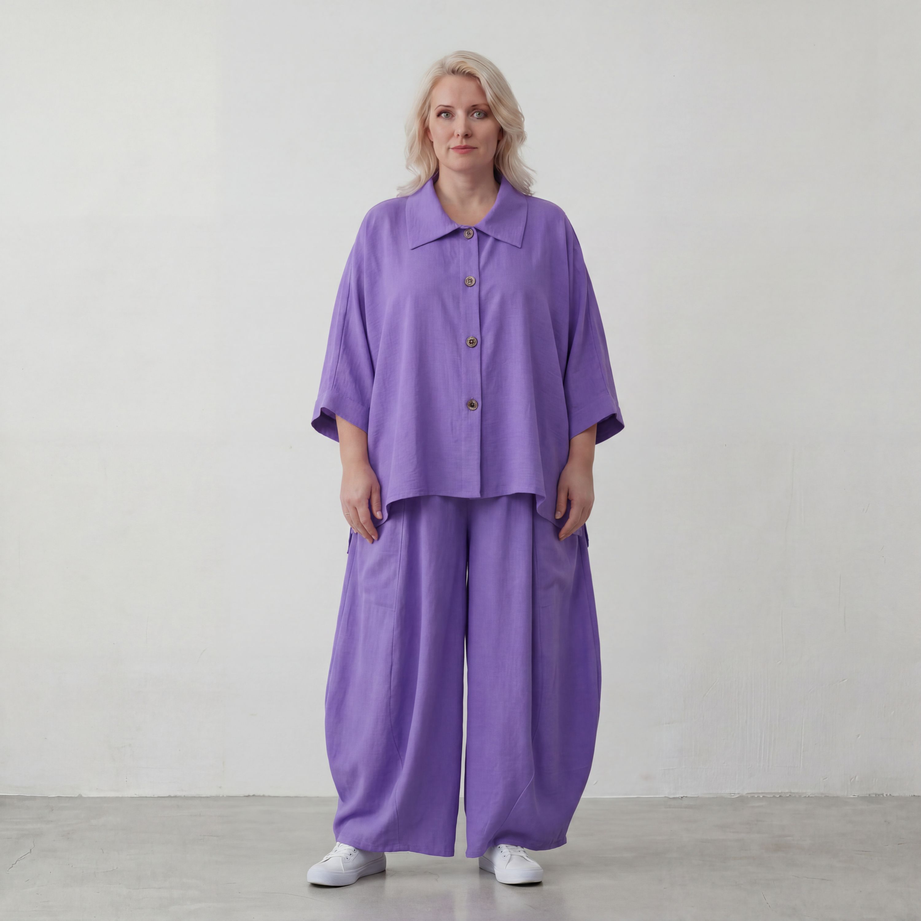 Flieder Ballonhose Leinenmix Oversize Lagenlook leger zeitlos weich fliessend sehr modern