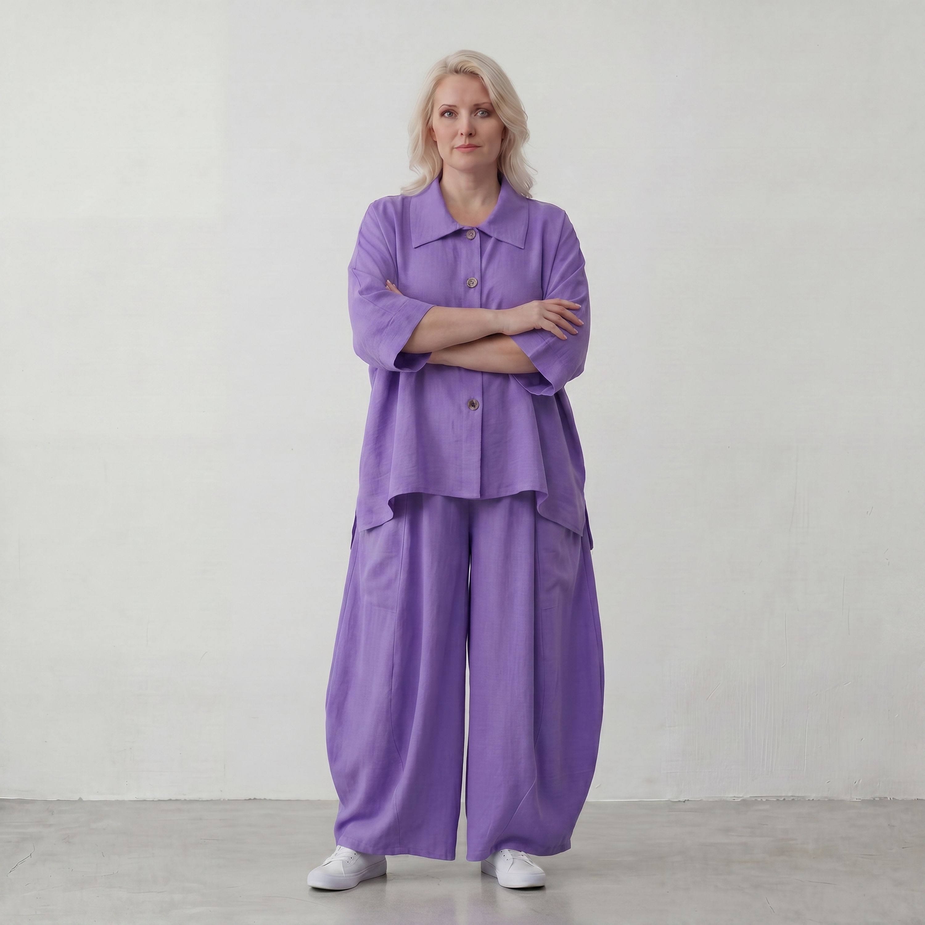 Flieder Ballonhose Leinenmix Oversize Lagenlook leger zeitlos weich fliessend sehr modern