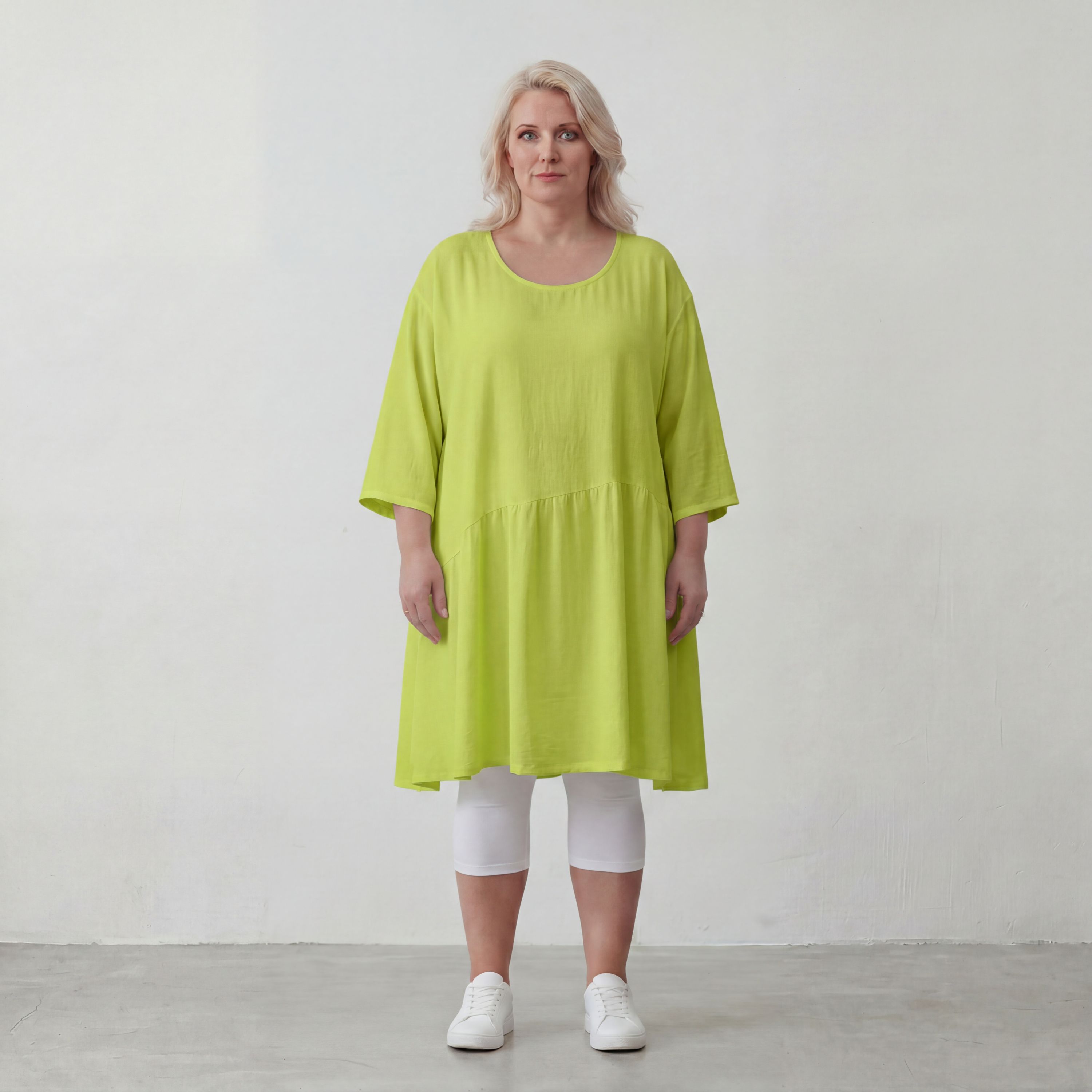Apfelgrünes luftiges Leinenoptik Sommerkleid im Lagenlook Oversize leger zeitlos A Linie