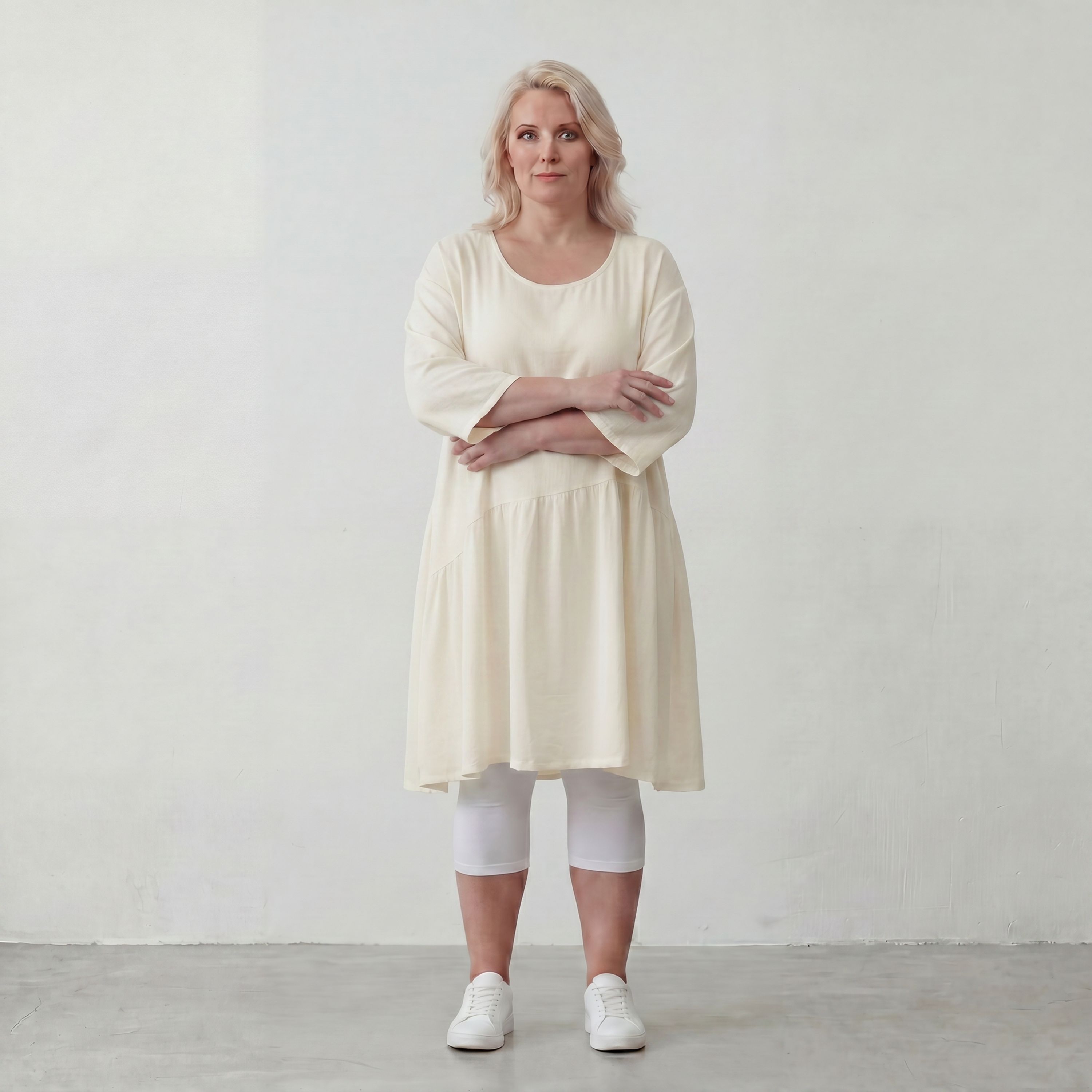 Leinenoptik Kleid in Creme Lagenlook leger Oversize A Linie zeitlos luftig weich elegant