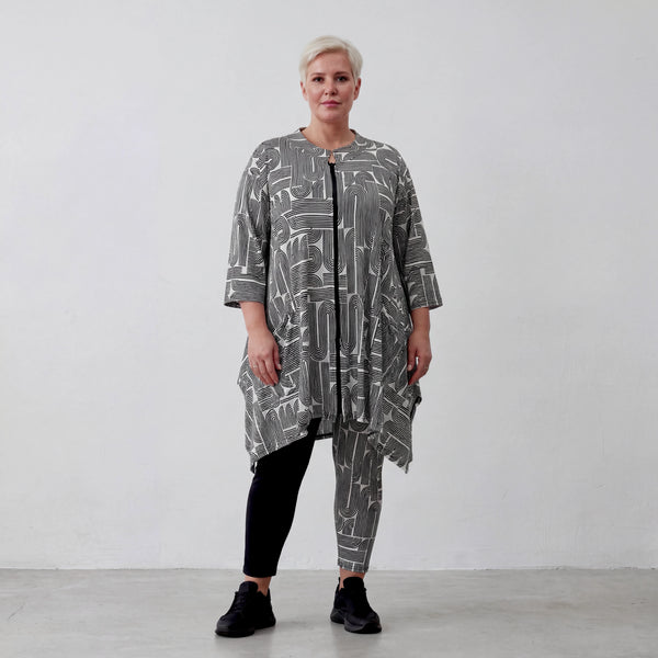 Damen Jacke Lagenlook Polyester Schwarz/Weiß, A-Form, 3/4-Arm, Zipfelsaum, Oversize große Größen – AKH Fashion