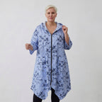 Leichte Popelinejacke in blauweißschwarzem Streifenblumenmix mit Kapuze in weiter A-Form