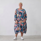 Sommerliches Ballonkleid in Leinenoptik in Aqua mit 3/4-Arm Rundhals und Seitentaschen