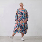 Sommerliches Ballonkleid in Leinenoptik in Aqua mit 3/4-Arm Rundhals und Seitentaschen