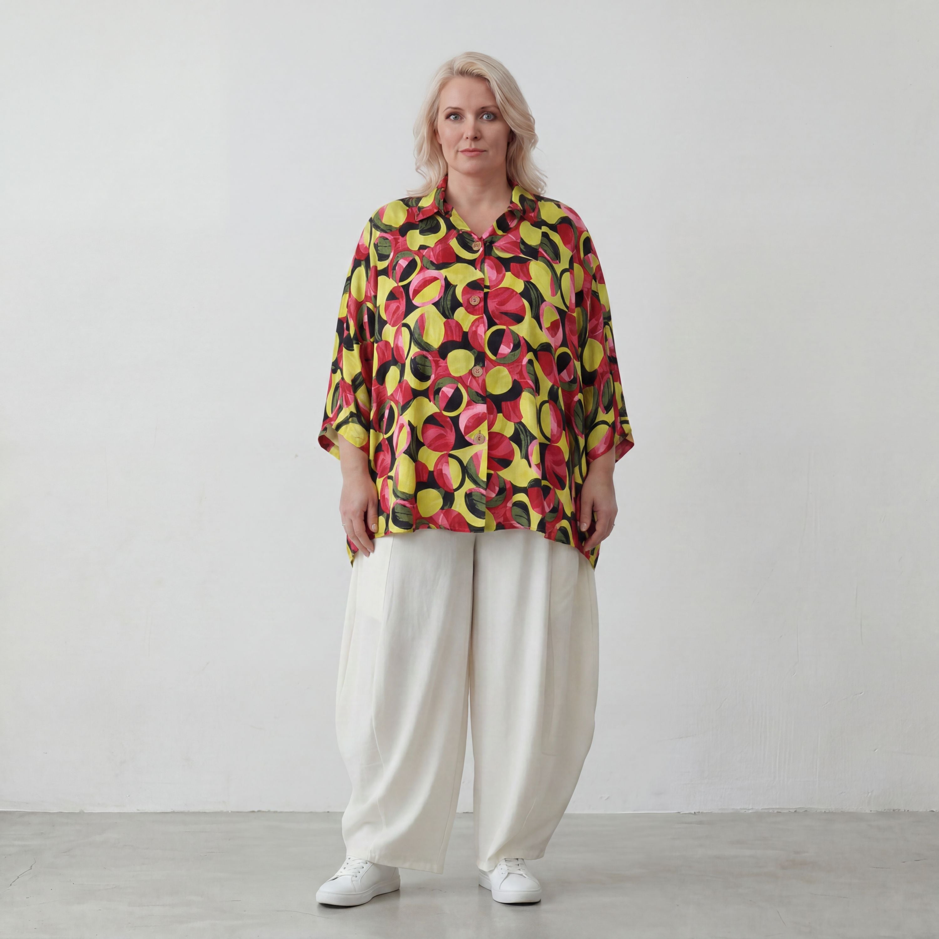 Bluse aus Viskose Popeline in Gelb und Fuchsia mit Hemdkragen und Knopfleiste sommerlich