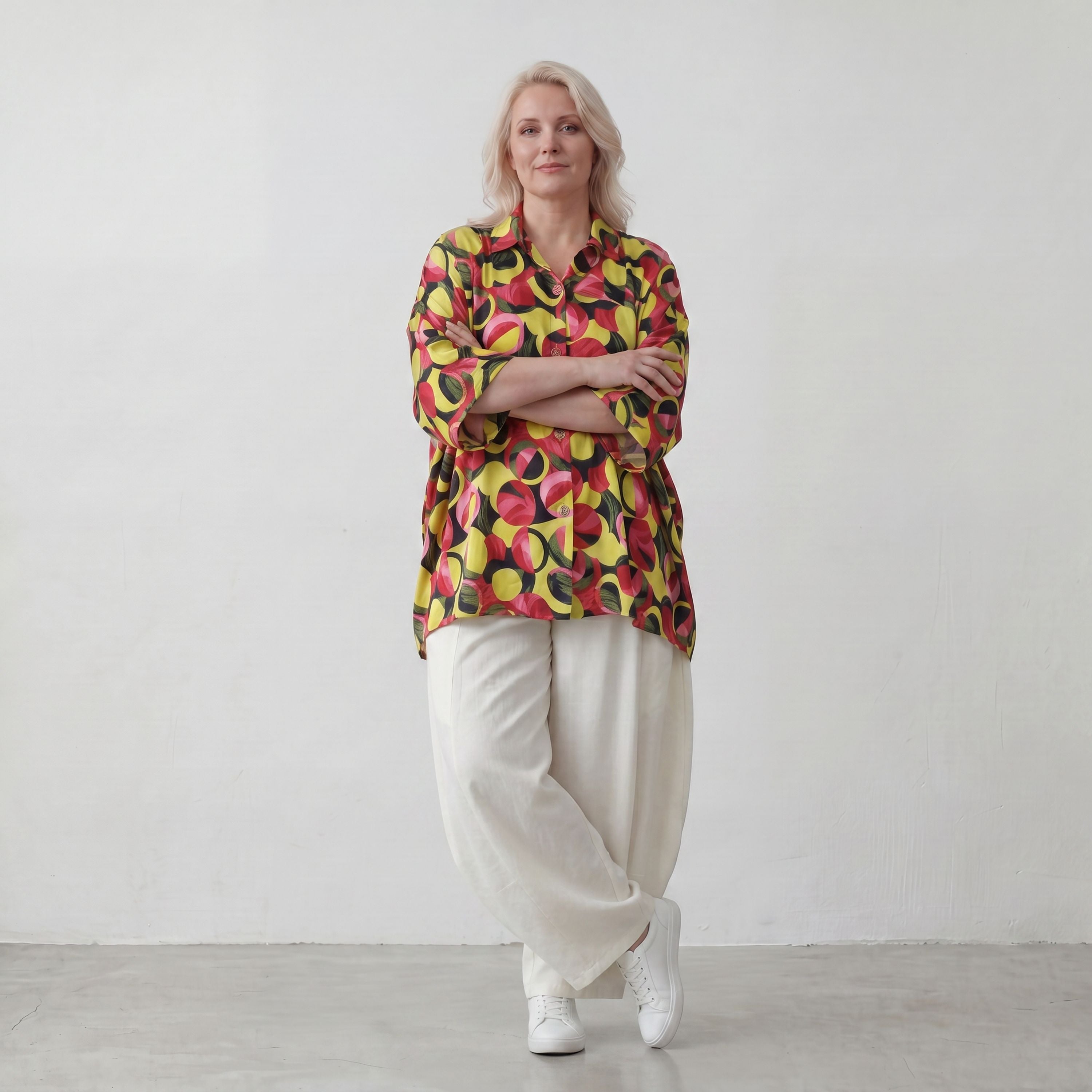Bluse aus Viskose Popeline in Gelb und Fuchsia mit Hemdkragen und Knopfleiste sommerlich