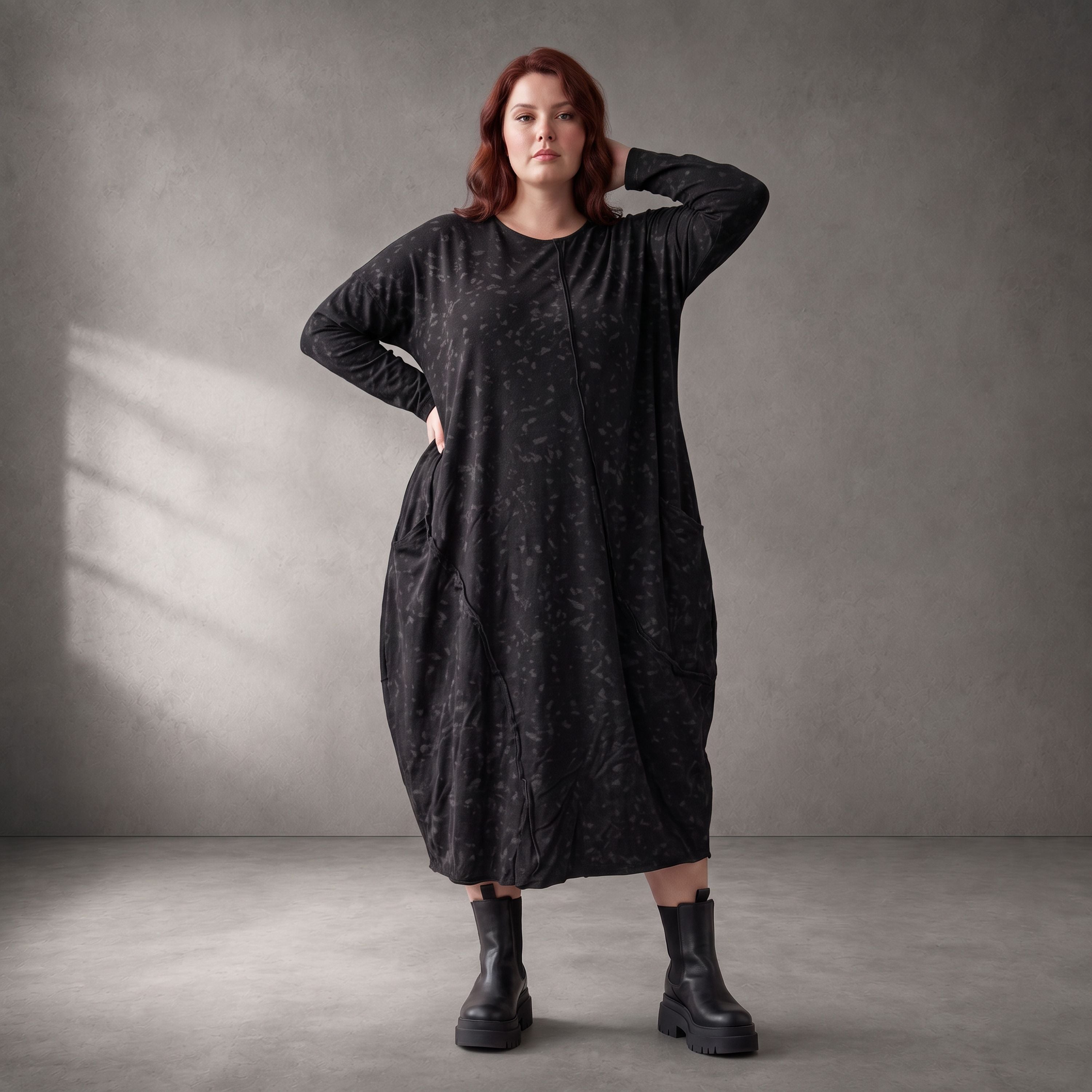 Damen Kleid Lagenlook Baumwolle Schwarz, Ballonschnitt, Langarm, Oversize große Größen – Funky Diva