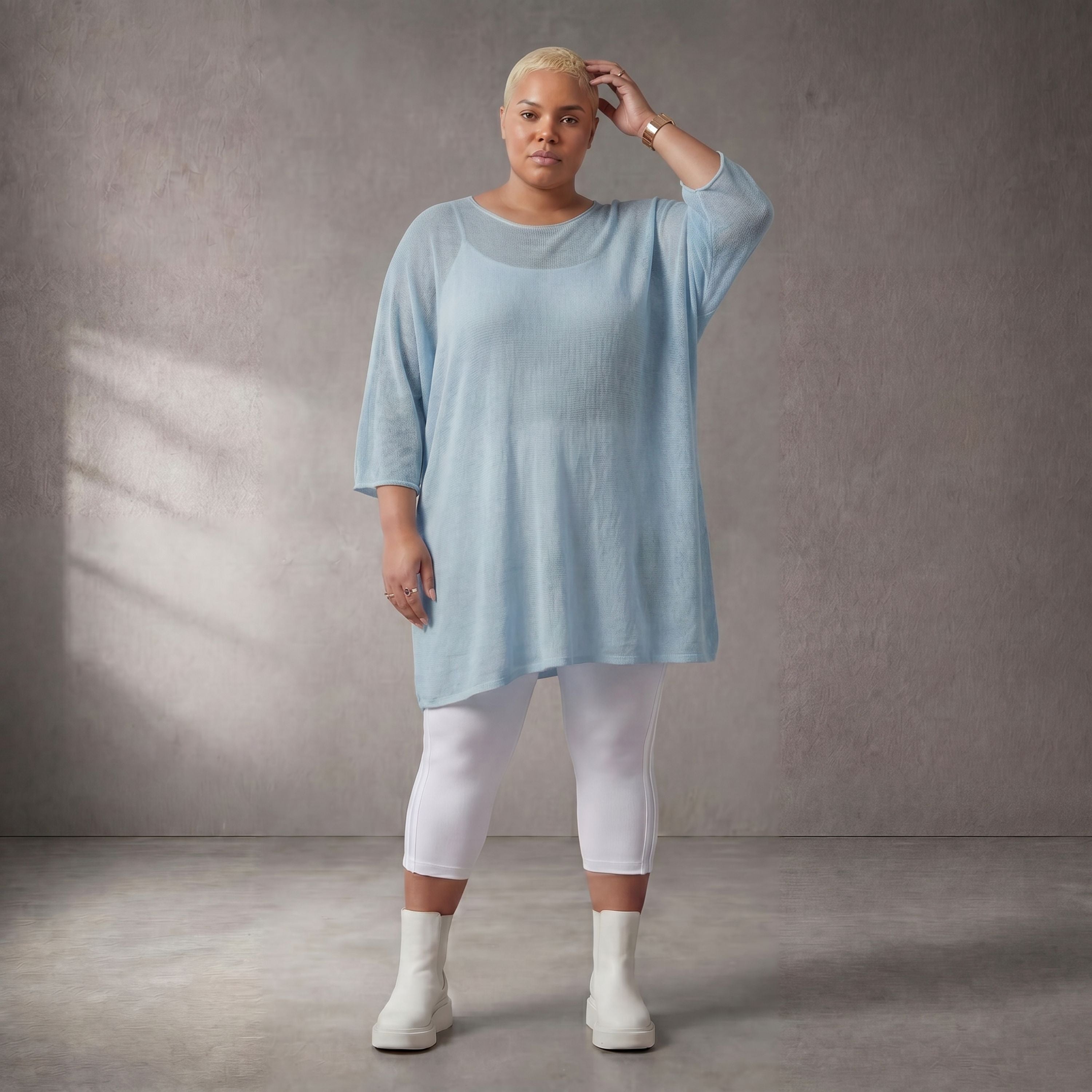 Damen Shirt Lagenlook Baumwolle Hellblau, gerader Schnitt, Kurzarm, Oversize große Größen – Funky Diva