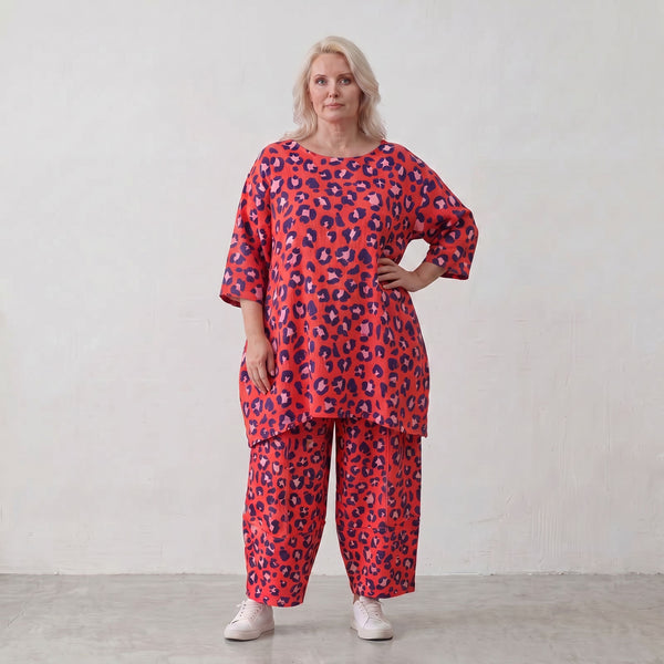 Damen Shirt Lagenlook Baumwolle Fuchsia/Marine, A-Form, 3/4-Arm, Taschen, Oversize große Größen – AKH Fashion