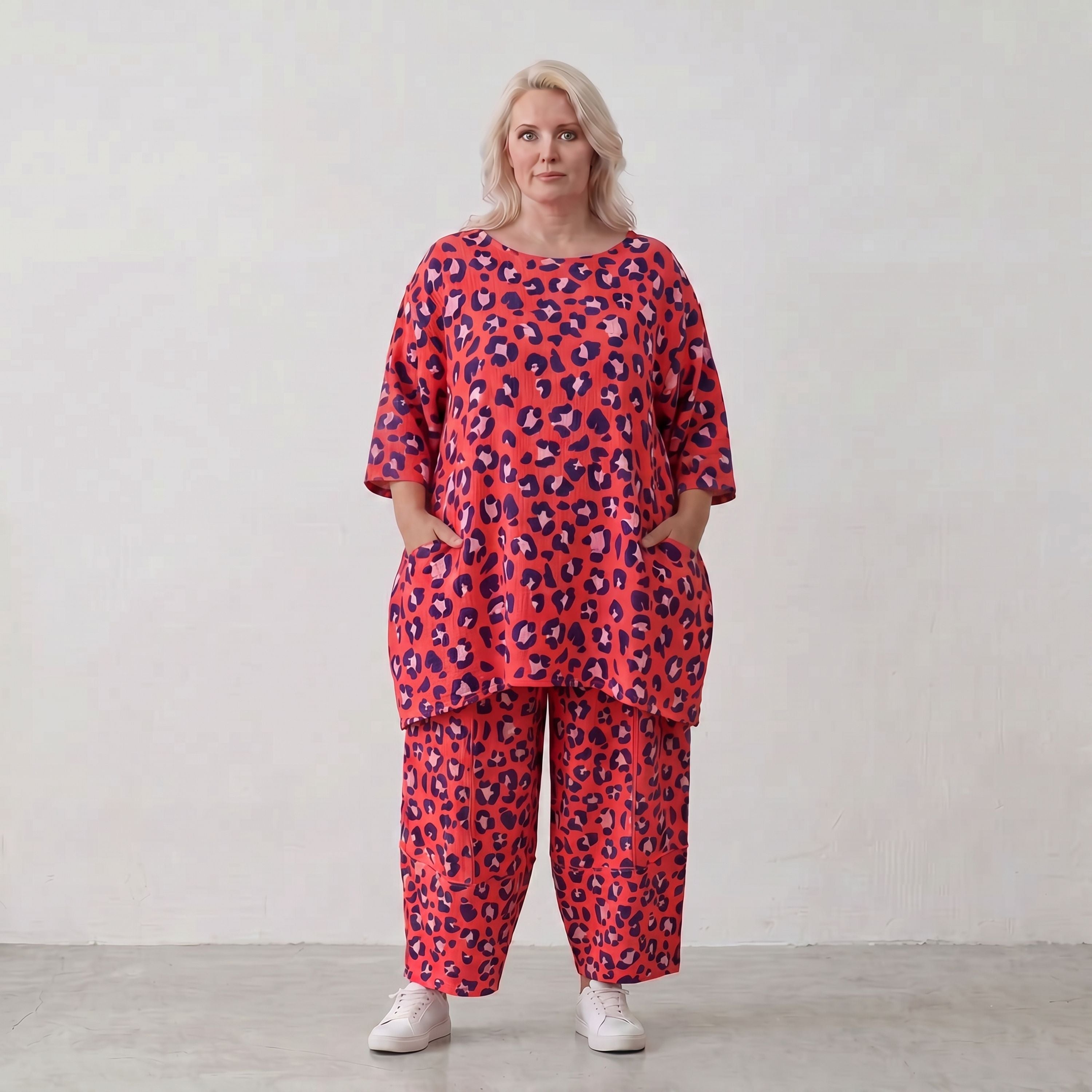 Damen Shirt Lagenlook Baumwolle Fuchsia/Marine, A-Form, 3/4-Arm, Taschen, Oversize große Größen – AKH Fashion