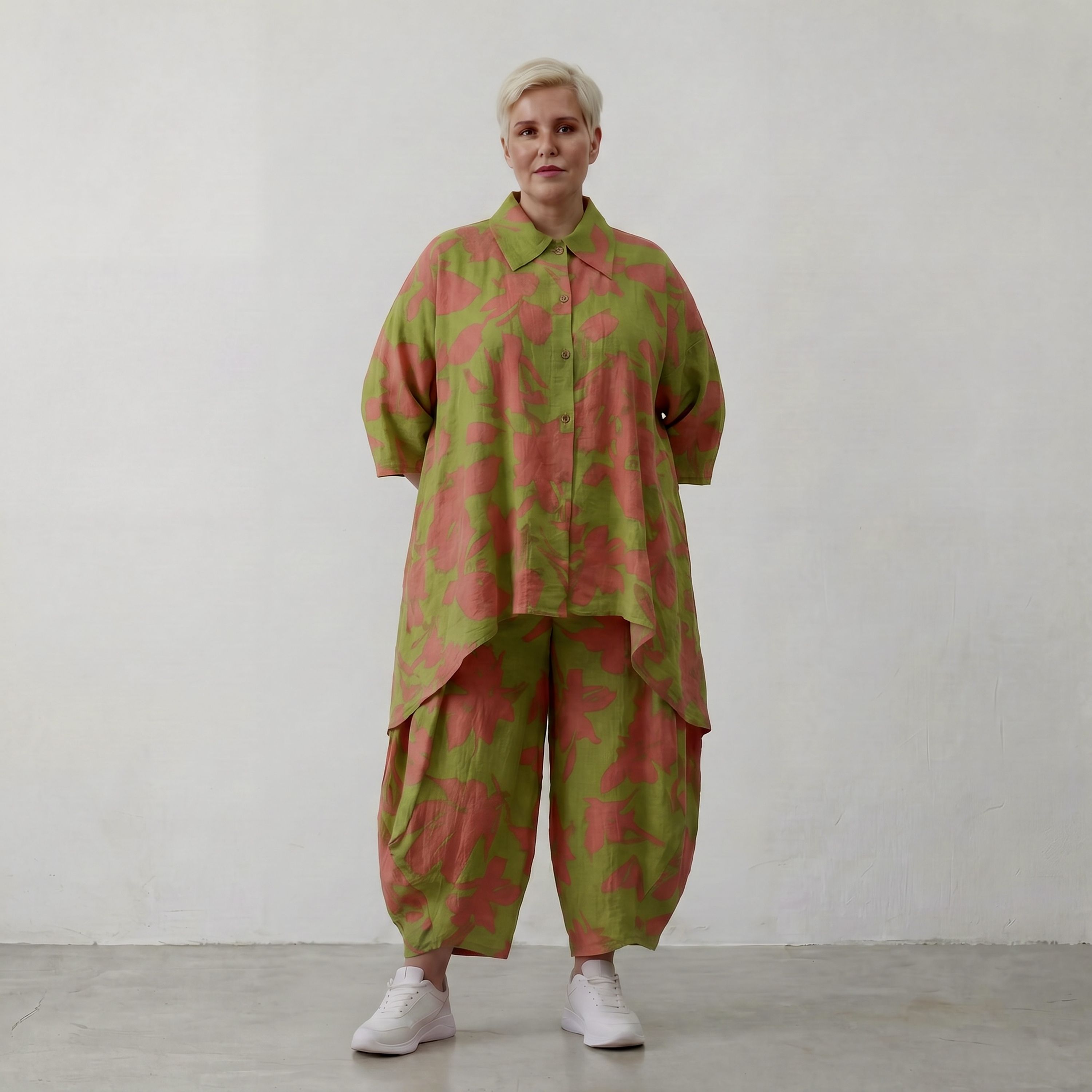 Damen Jacke Lagenlook Viskose, Klecksmuster, 3/4-Arm, Knopfleiste, Oversize große Größen – AKH Fashion