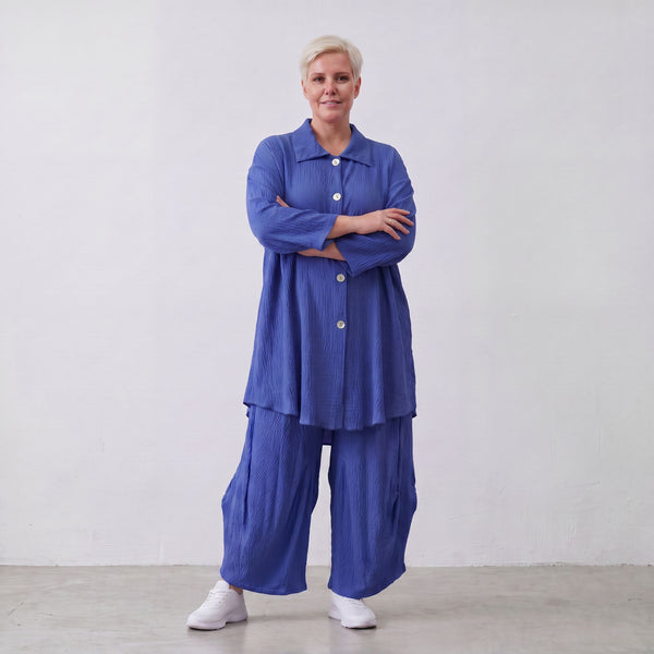 Damen Bluse Lagenlook Viskose Royalblau, 3/4-Arm, Knopfleiste, Oversize große Größen – AKH Fashion