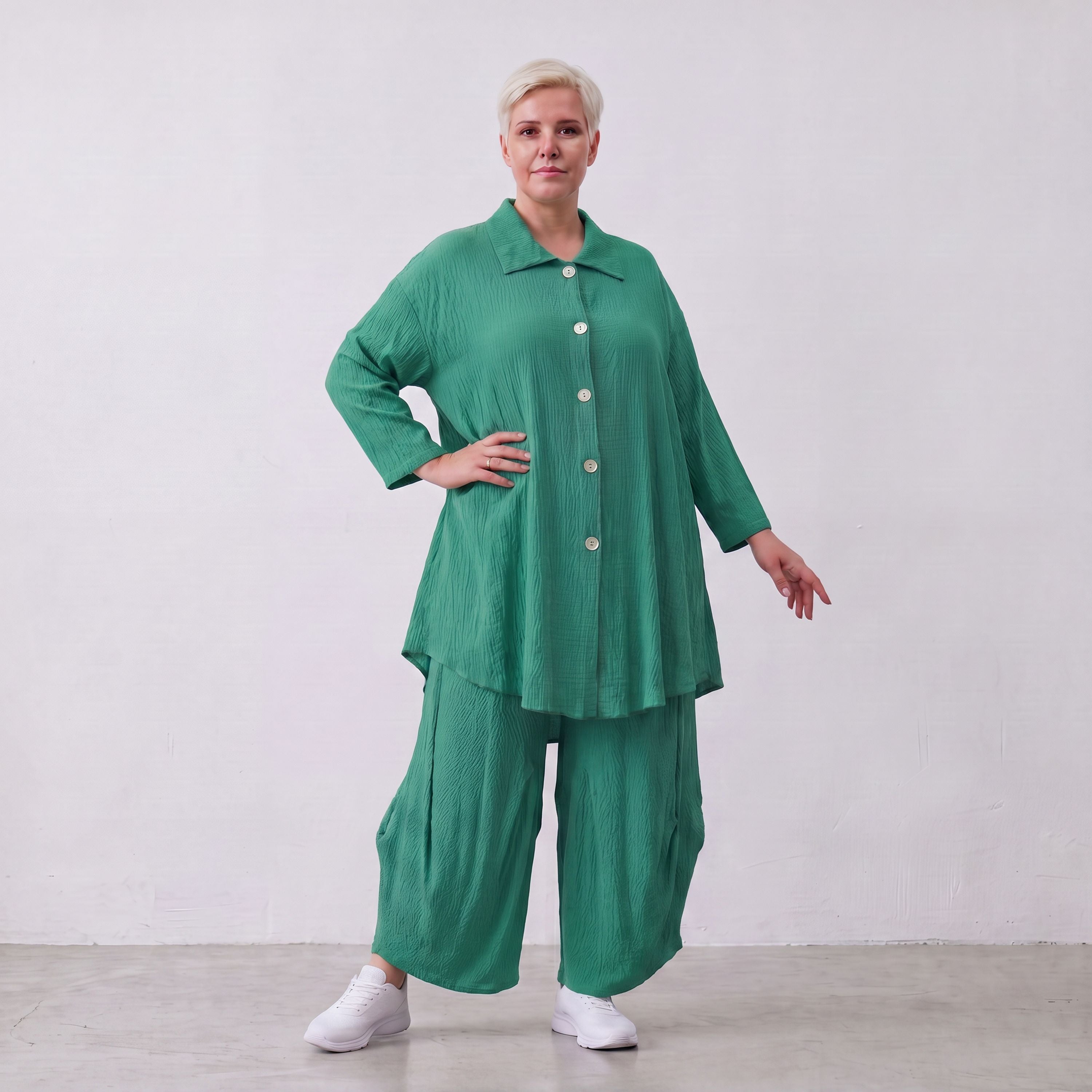 Damen Bluse Lagenlook Viskose Grün, 3/4-Arm, Knopfleiste, Oversize große Größen – AKH Fashion