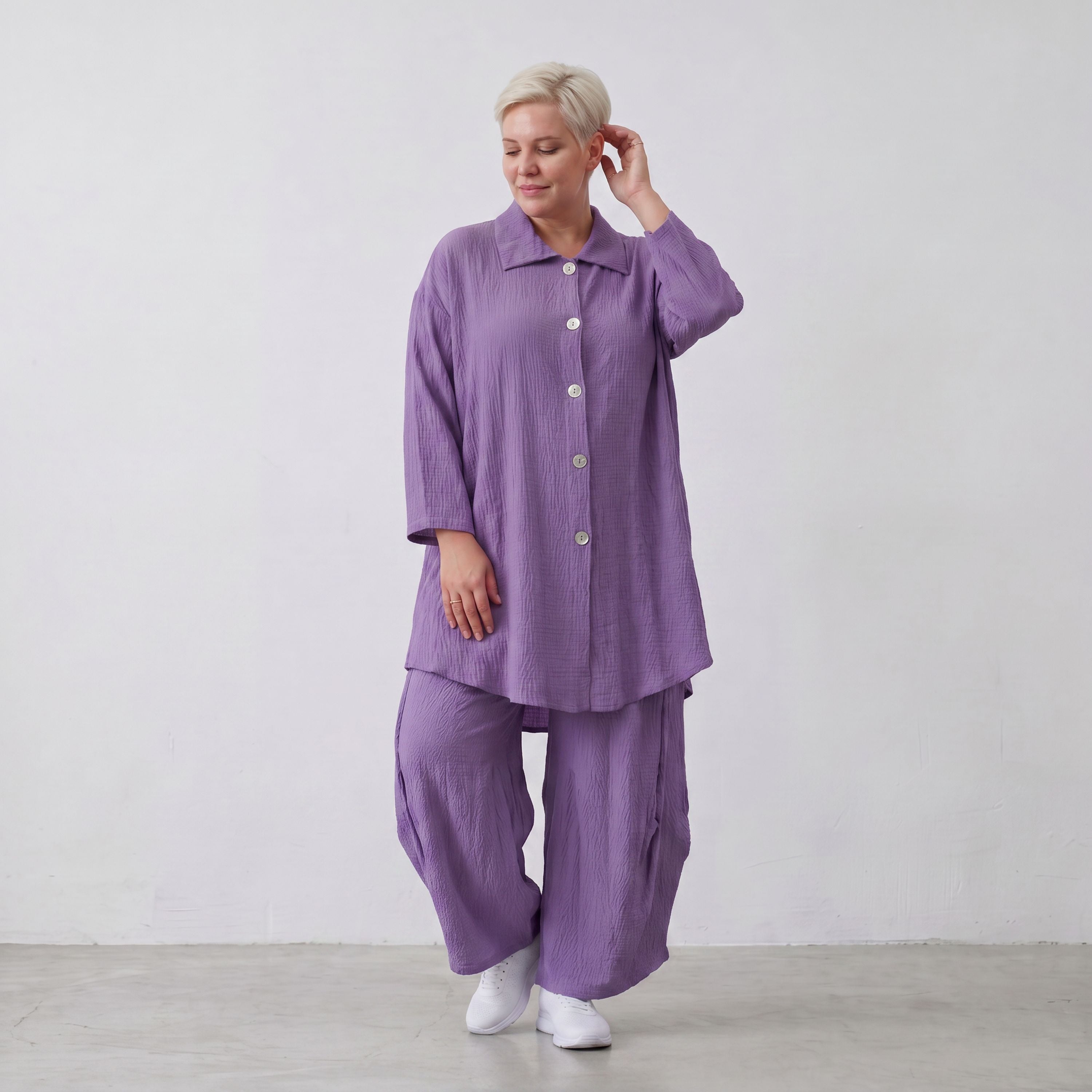 Damen Bluse Lagenlook Viskose Lila, 3/4-Arm, Knopfleiste, Oversize große Größen – AKH Fashion