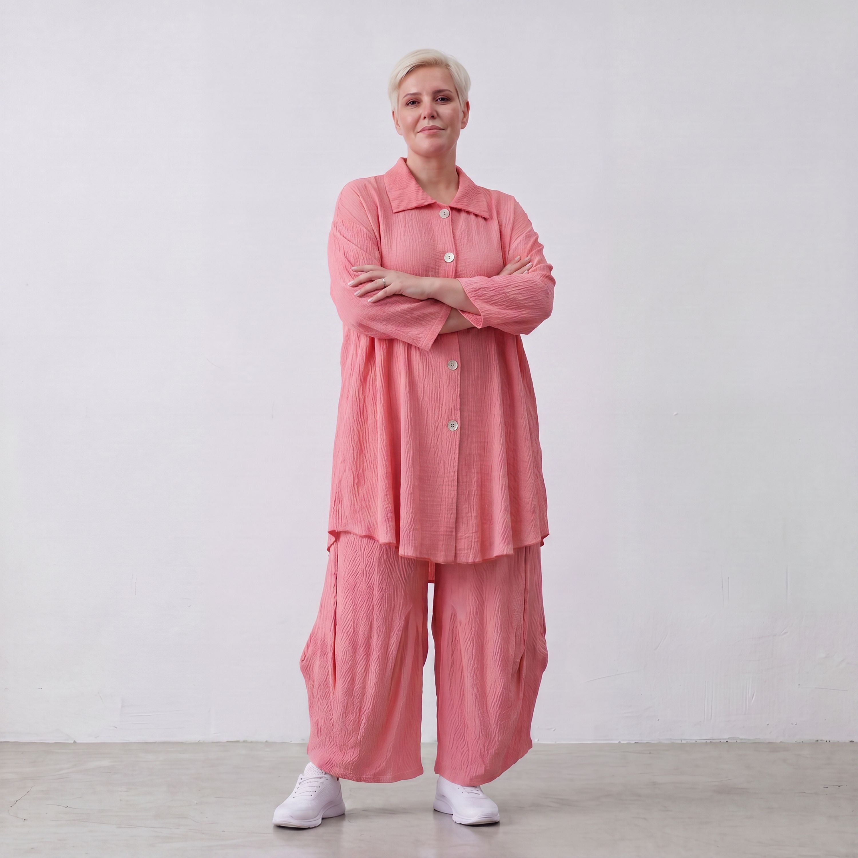 Damen Bluse Lagenlook Viskose Rosa, 3/4-Arm, Knopfleiste, Oversize große Größen – AKH Fashion