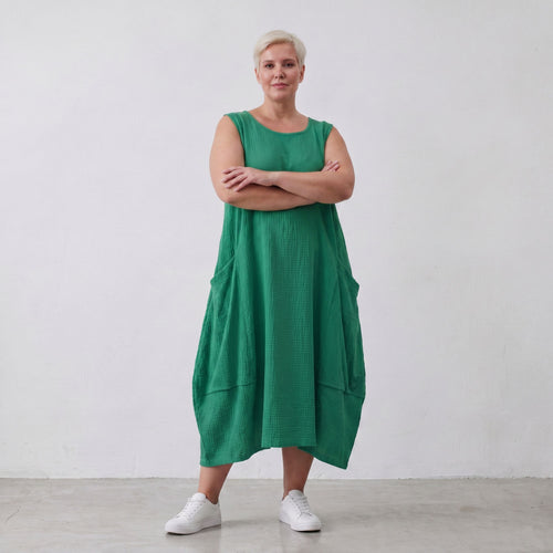 Damen Kleid Lagenlook Viskose Grün, Ballonschnitt, ärmellos, Taschen, Oversize große Größen – AKH Fashion