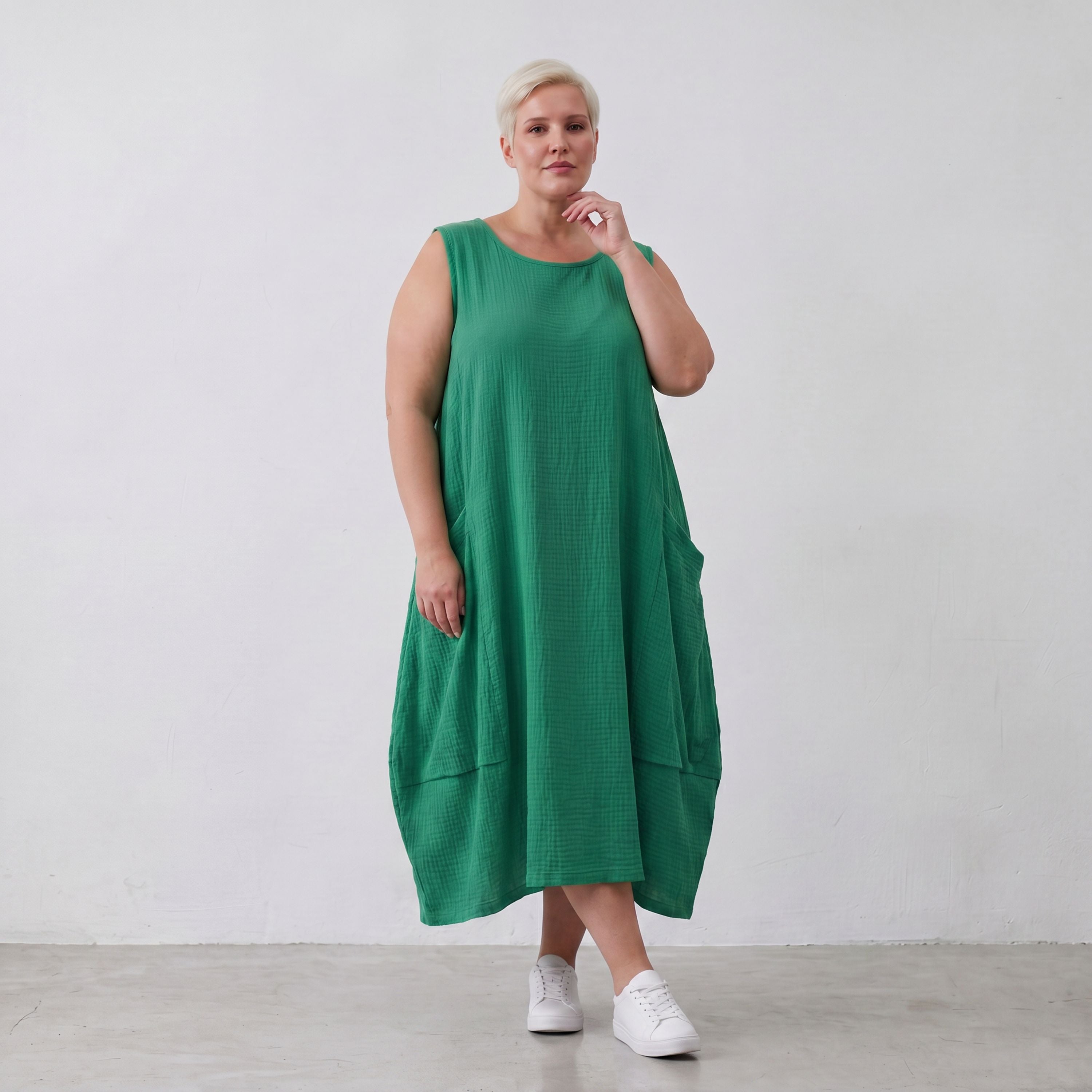 Damen Kleid Lagenlook Viskose Grün, Ballonschnitt, ärmellos, Taschen, Oversize große Größen – AKH Fashion