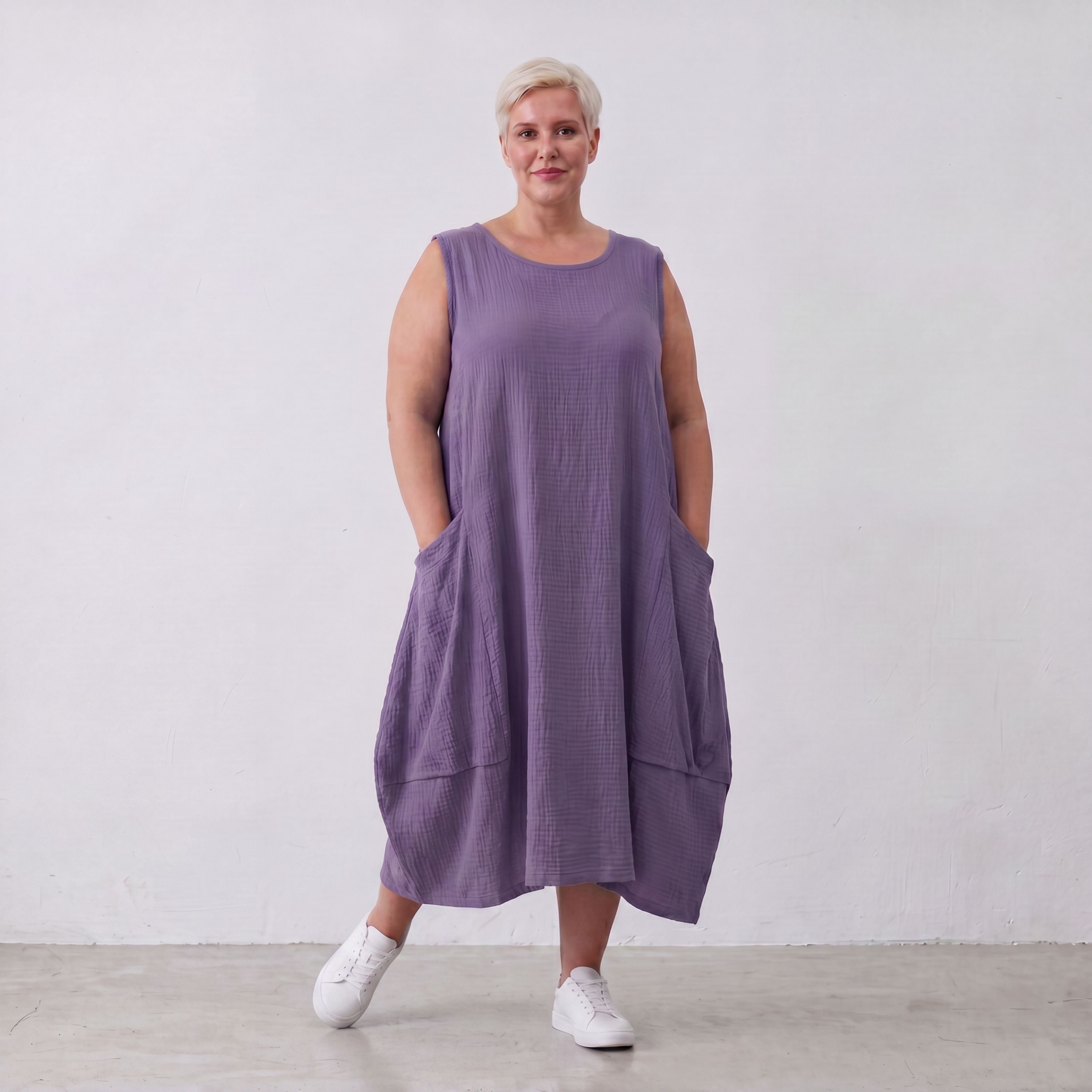 Damen Kleid Lagenlook Viskose Lila, Ballonschnitt, ärmellos, Taschen, Oversize große Größen – AKH Fashion