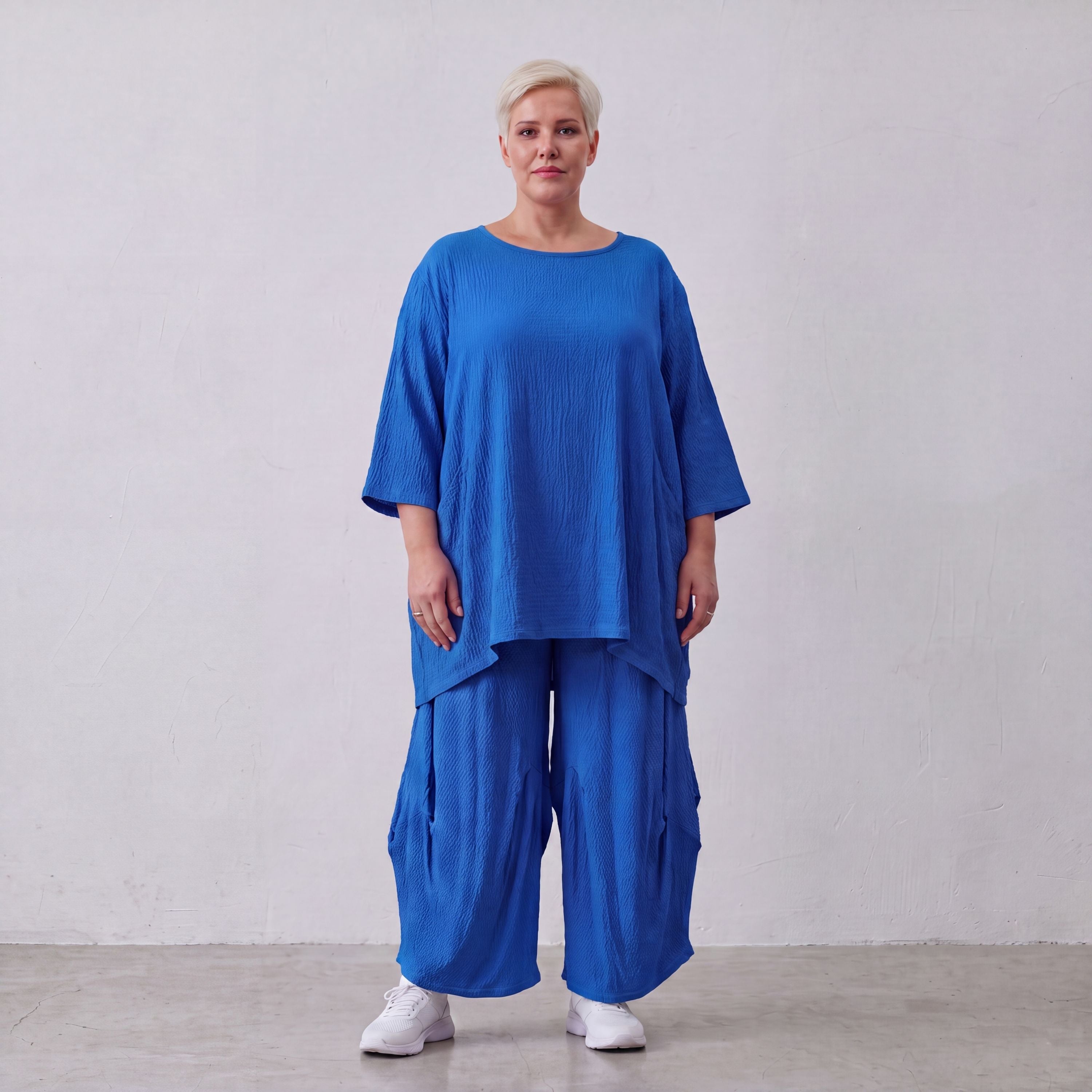 Damen Hose Lagenlook Viskose Royalblau, Ballonschnitt, Flügeltaschen, Oversize große Größen – AKH Fashion