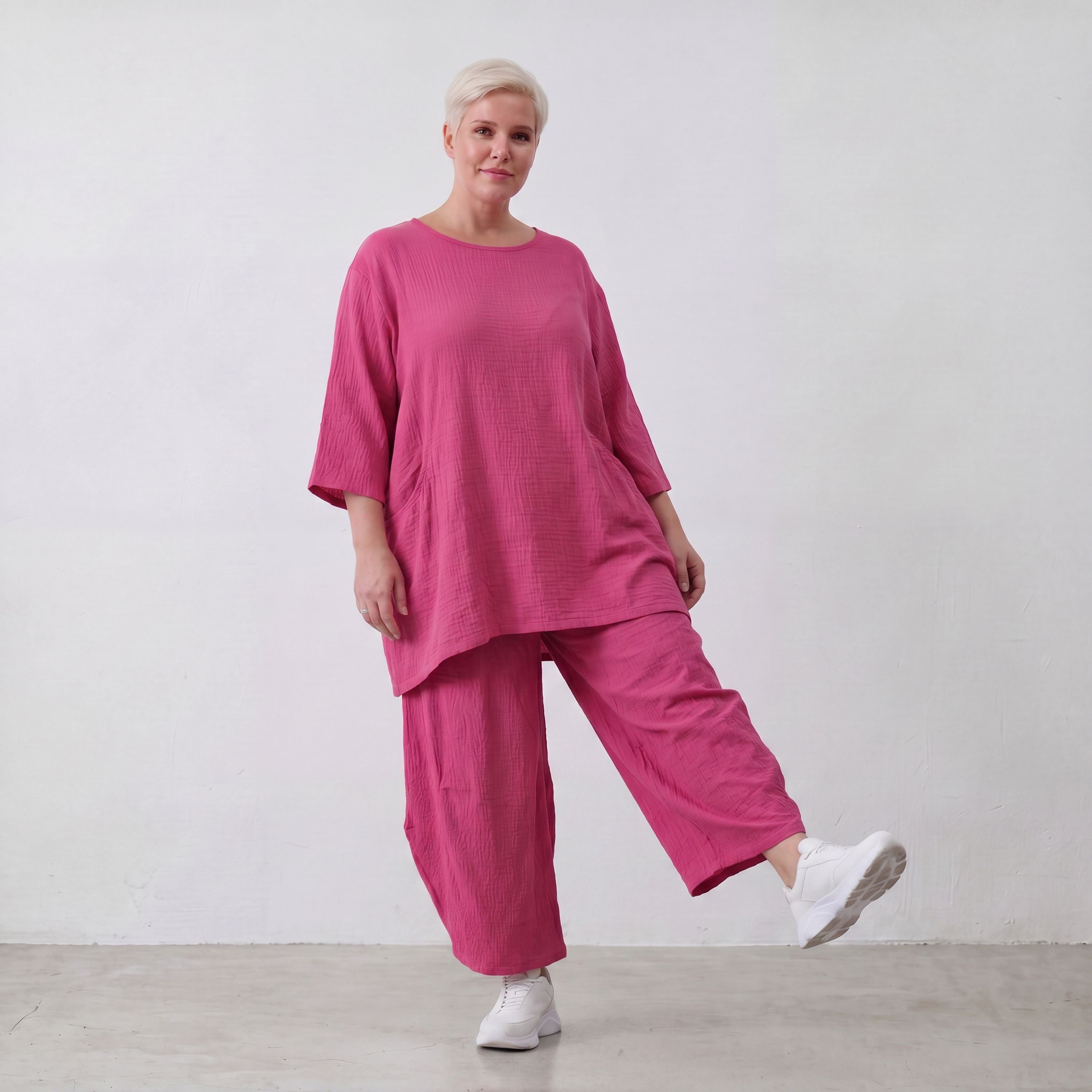 Damen Shirt Lagenlook Viskose Fuchsia, A-Linie, Seitentaschen, Oversize große Größen – AKH Fashion