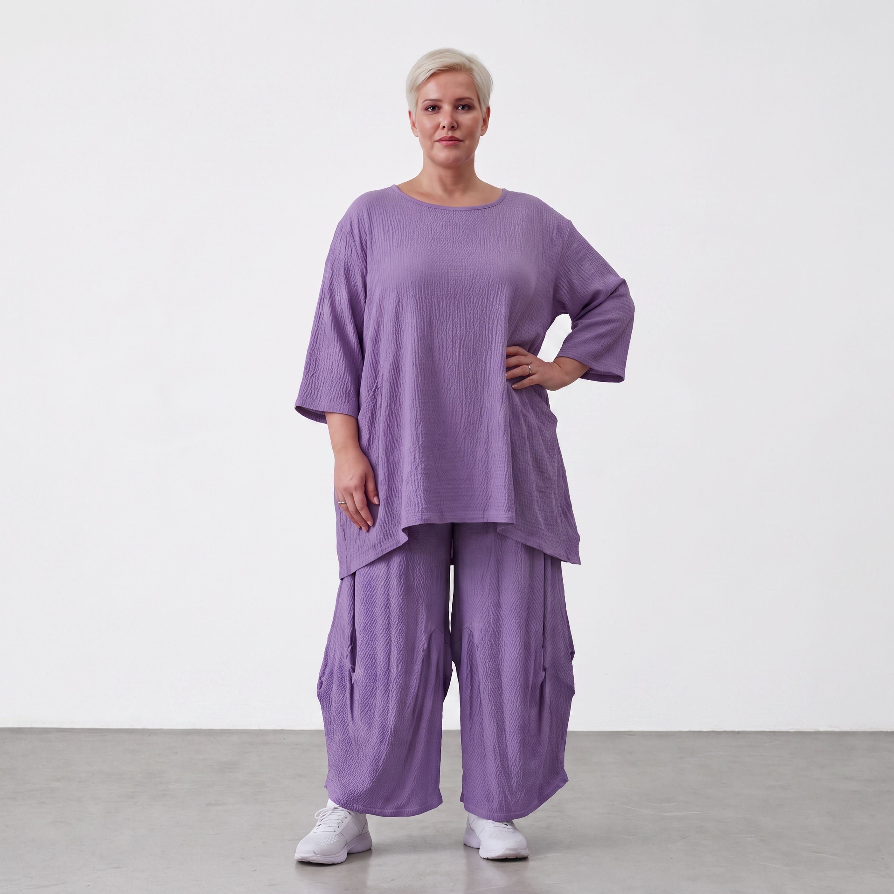 Damen Hose Lagenlook Viskose Lila, Ballonschnitt, Elastikbund, Oversize große Größen – AKH Fashion