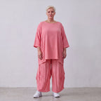 Damen Hose Lagenlook Viskose Rosa, Ballonschnitt, Elastikbund, Oversize große Größen – AKH Fashion