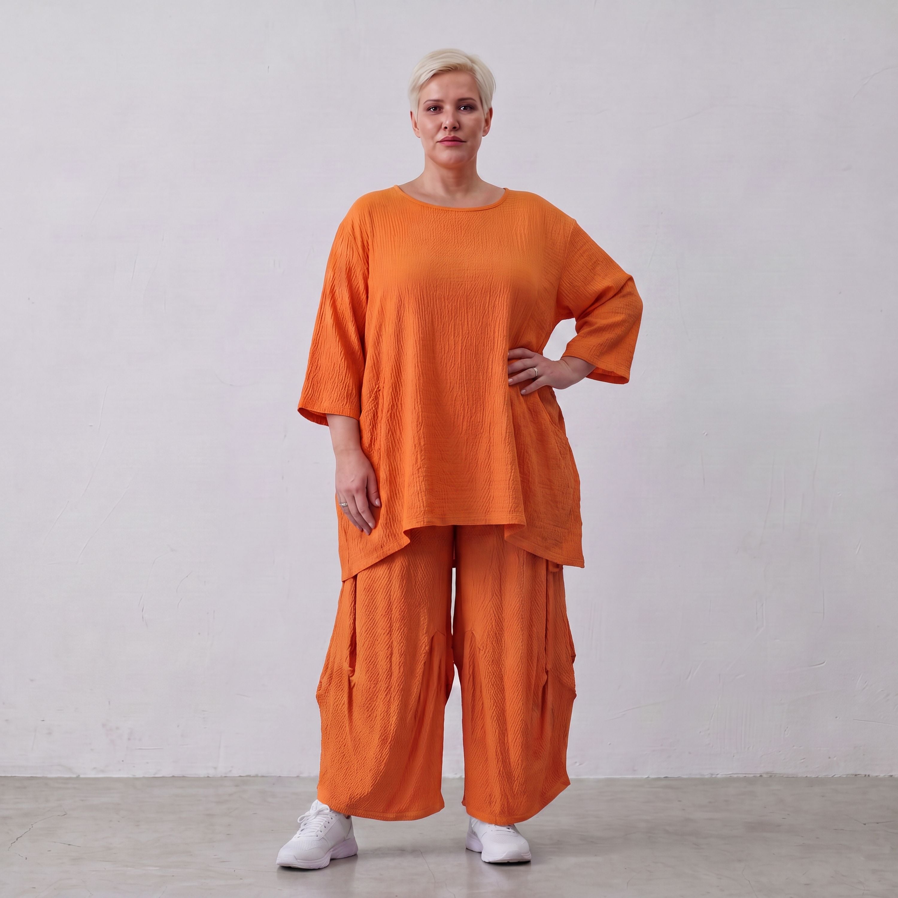 Damen Shirt Lagenlook Viskose Orange, A-Linie, Kurzarm, Oversize große Größen – AKH Fashion