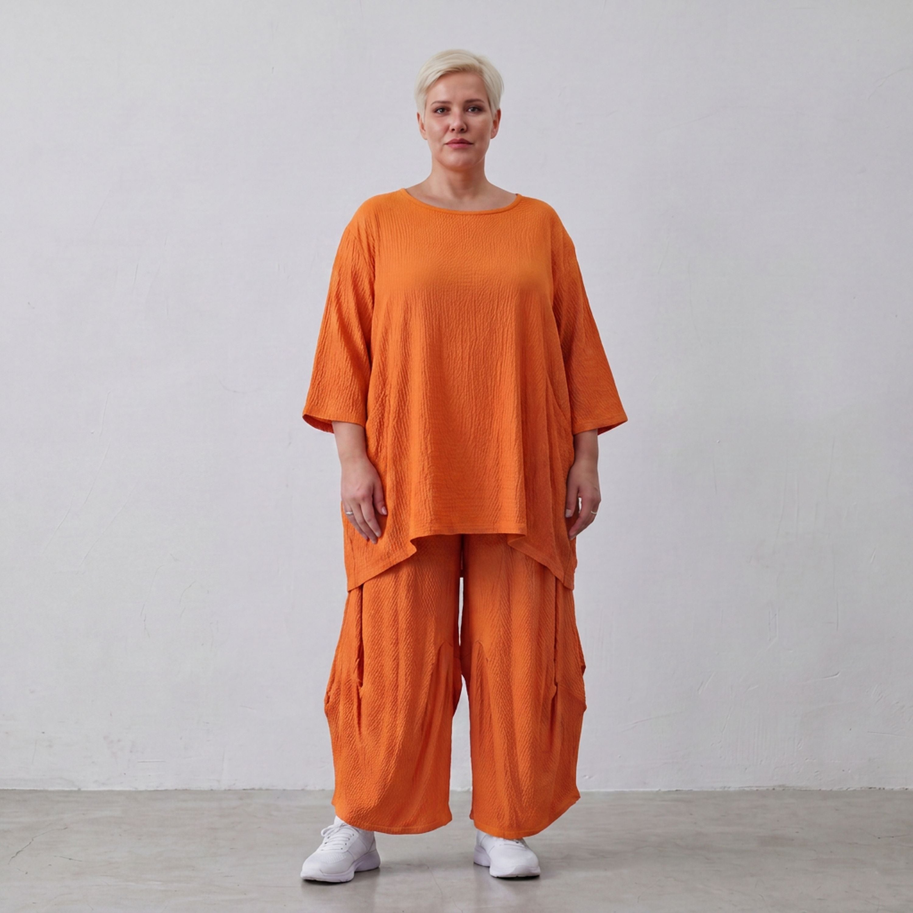 Damen Hose Lagenlook Viskose Orange, Ballonschnitt, Flügeltaschen, Oversize große Größen – AKH Fashion