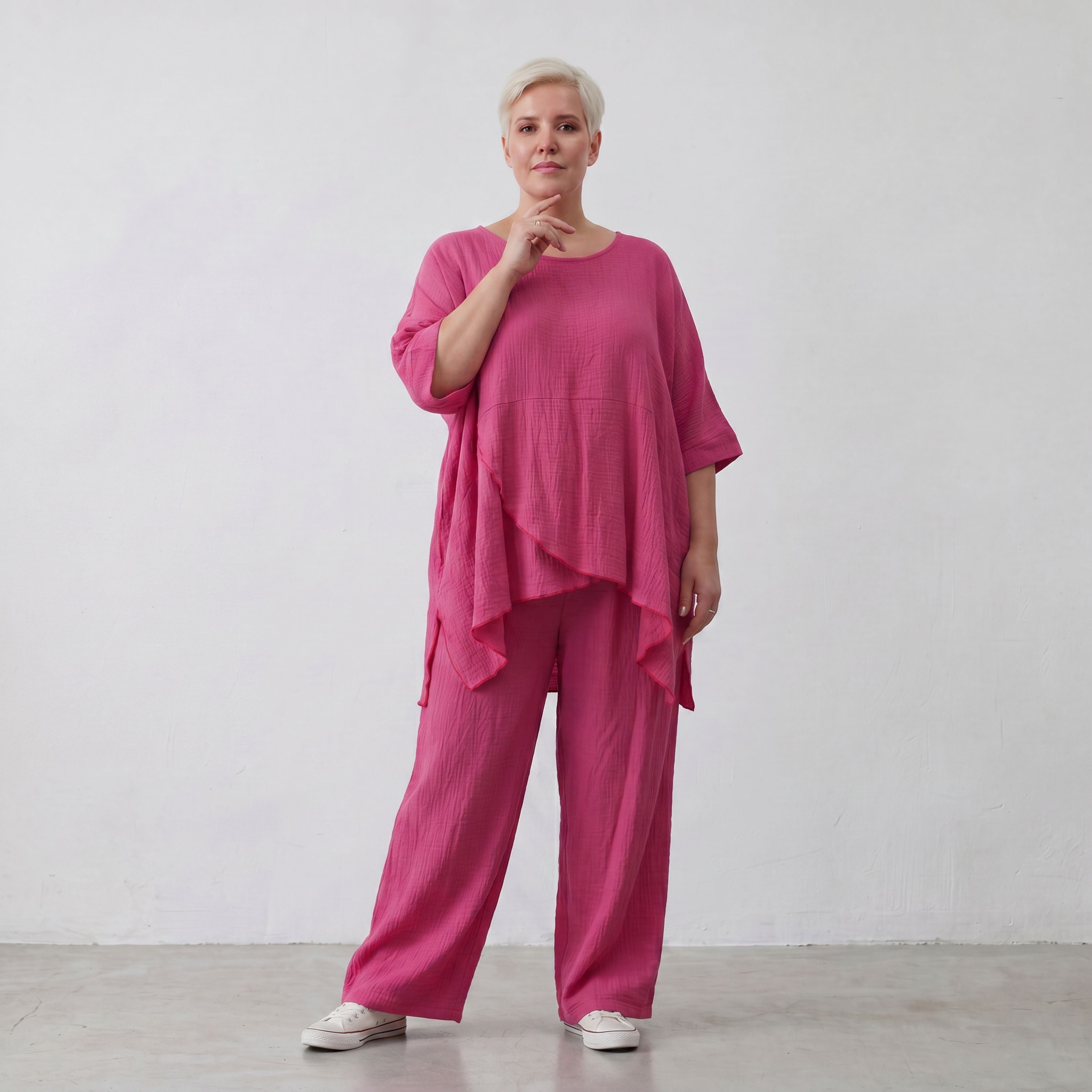 Damen Shirt Lagenlook Viskose Fuchsia, kastiger Schnitt, Kurzarm, Oversize große Größen – AKH Fashion