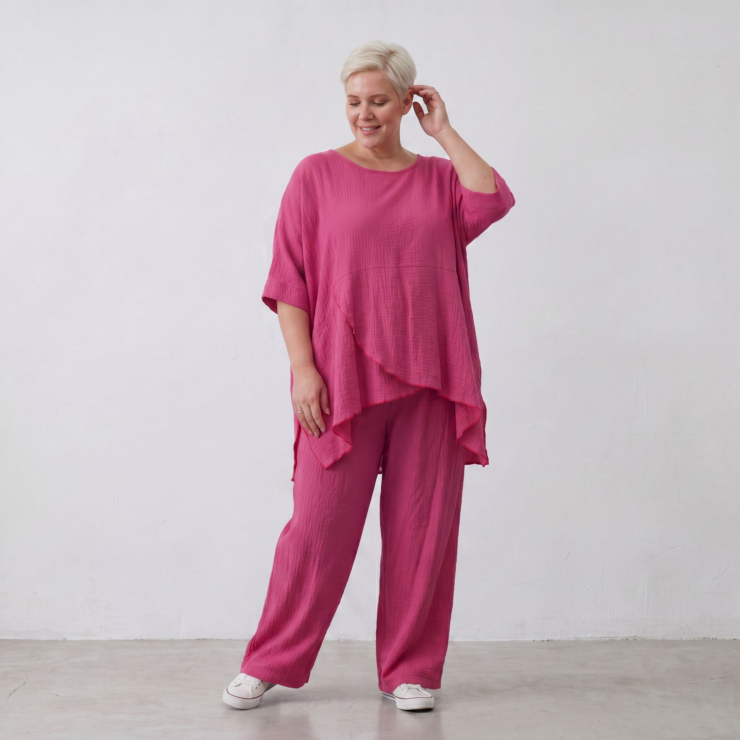 Damen Shirt Lagenlook Viskose Fuchsia, kastiger Schnitt, Kurzarm, Oversize große Größen – AKH Fashion