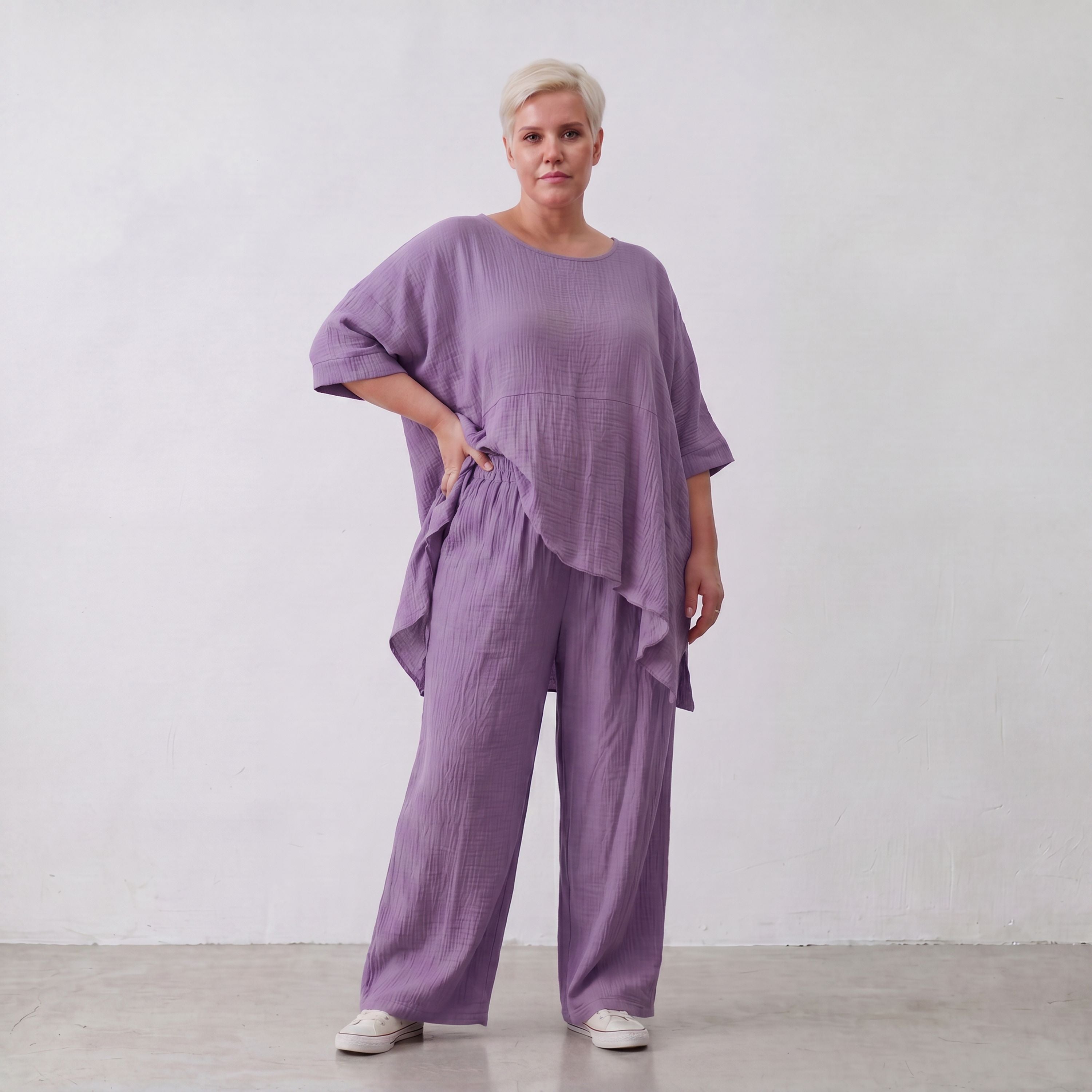 Damen Hose Lagenlook Viskose Lila, gerader Schnitt, Flügeltaschen, Oversize große Größen – AKH Fashion