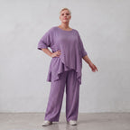 Damen Hose Lagenlook Viskose Lila, gerader Schnitt, Flügeltaschen, Oversize große Größen – AKH Fashion